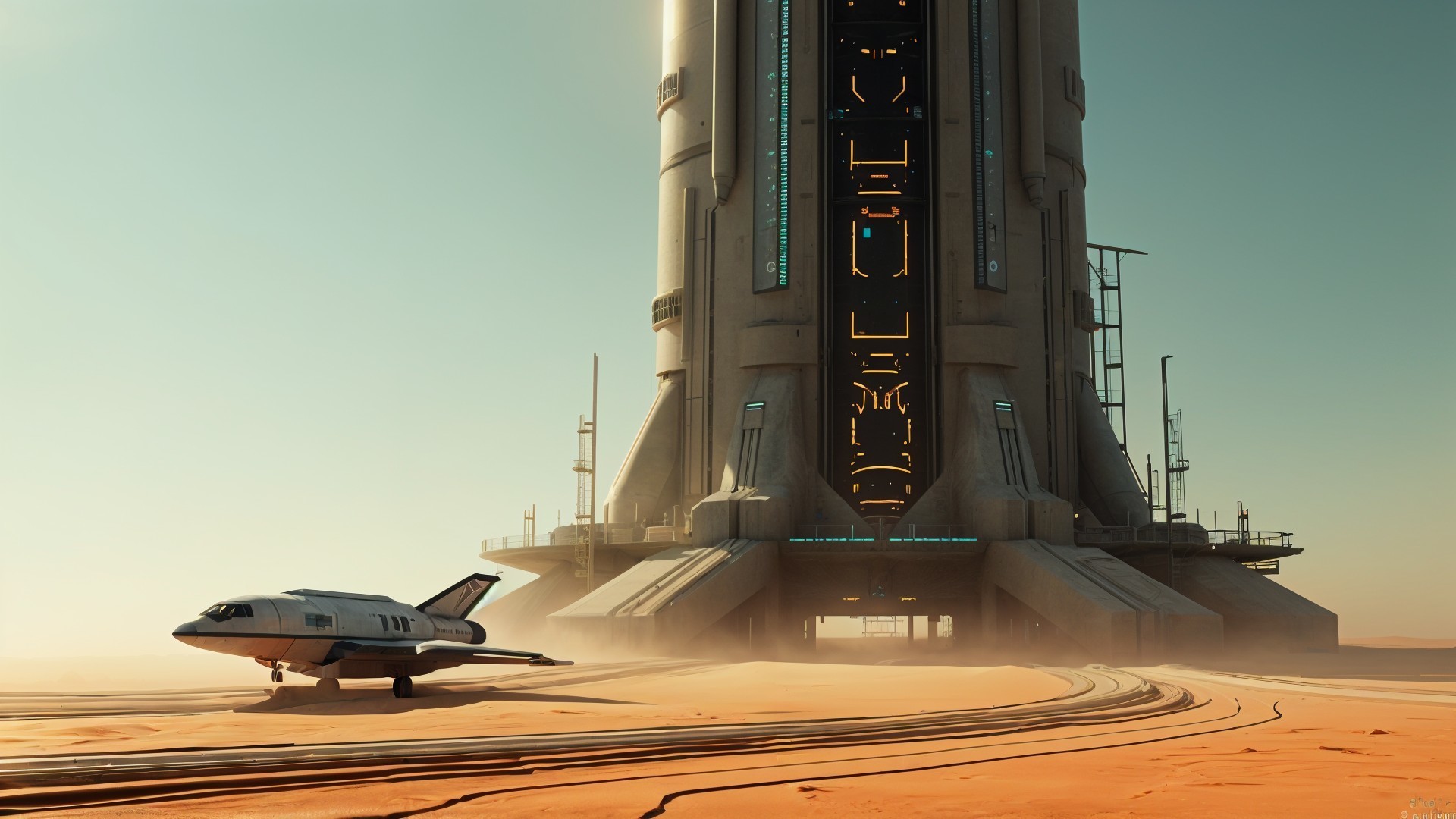 Sleek spacecraft and futuristic launch tower in desert