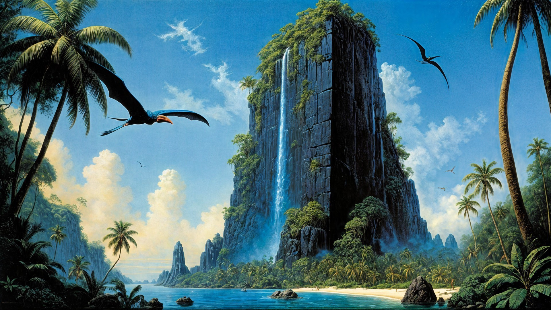 Tropical Landscape with Cliffs and Waterfalls