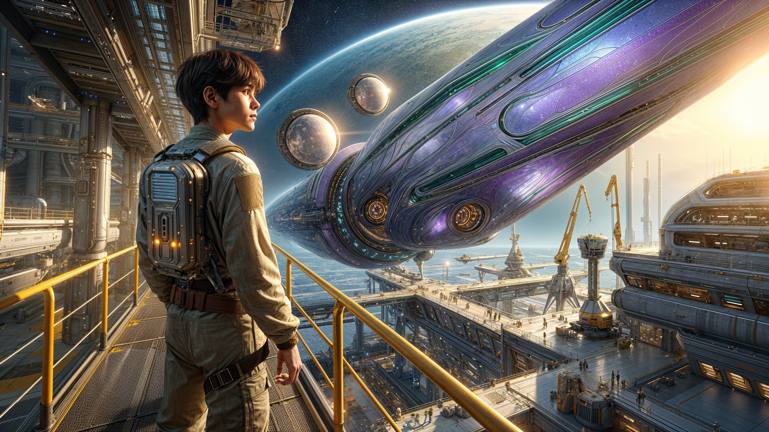 Young astronaut on futuristic platform in cosmic scene