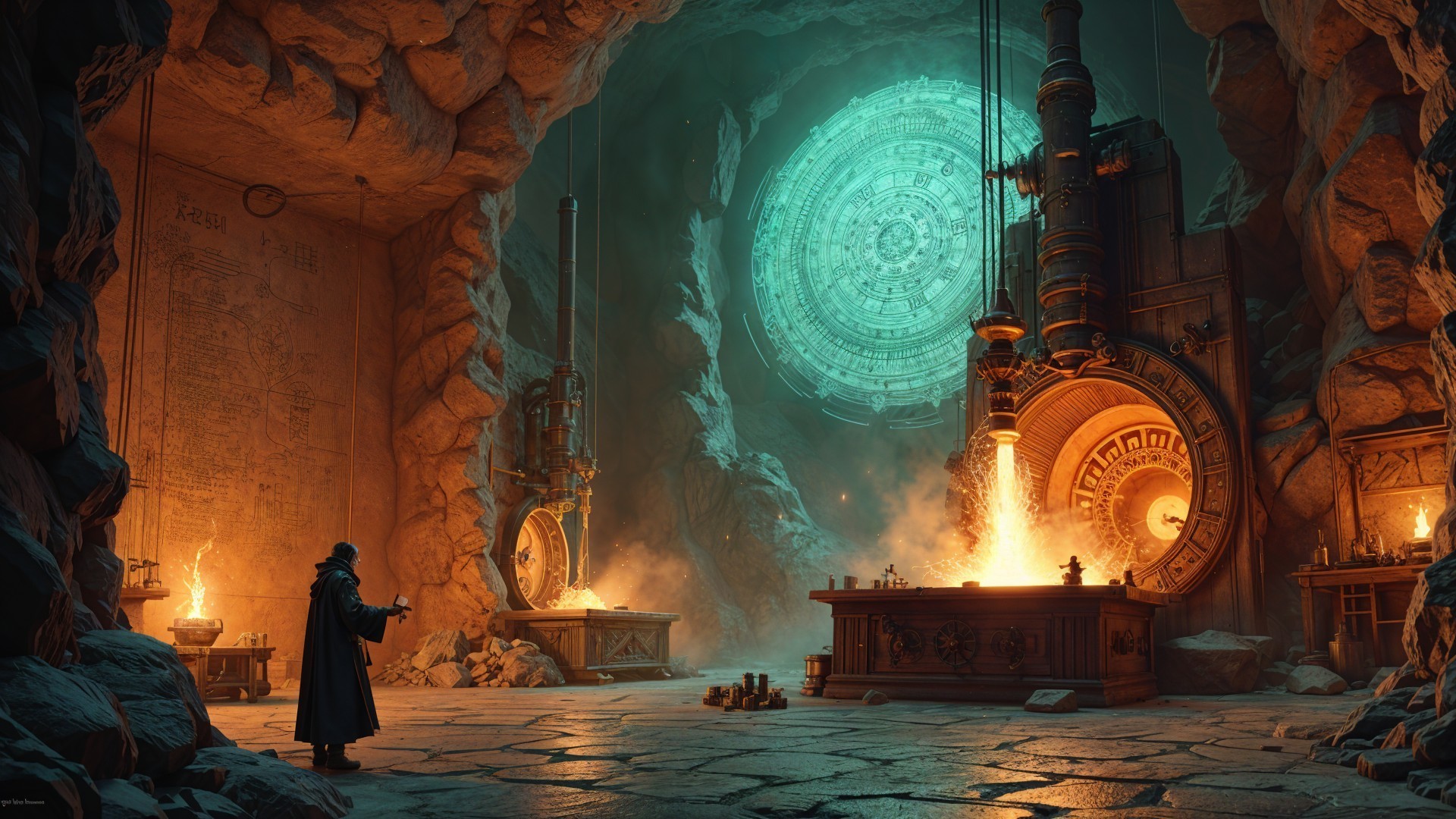 Cloaked Figure in Cavern with Ancient Machinery