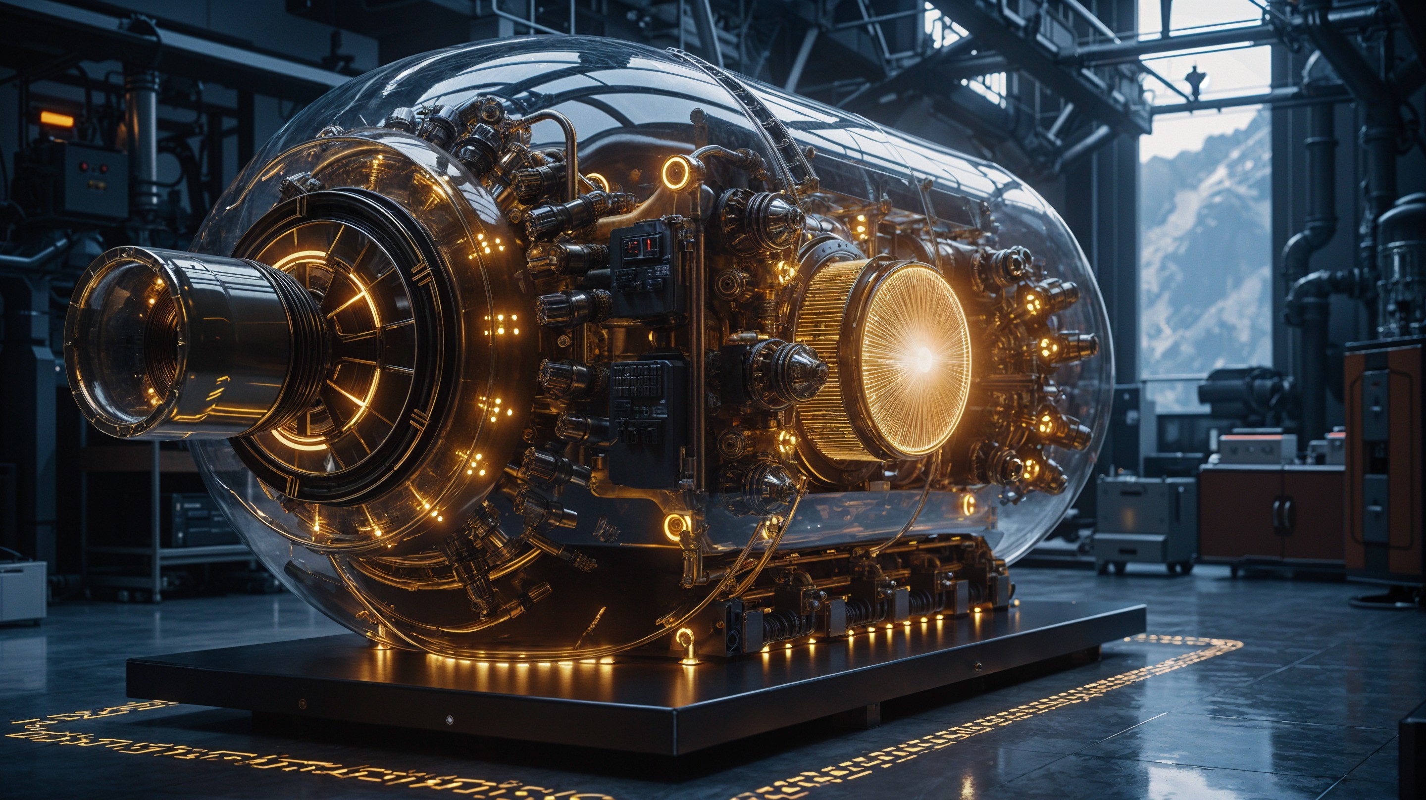 Futuristic reactor showcased in an industrial workshop
