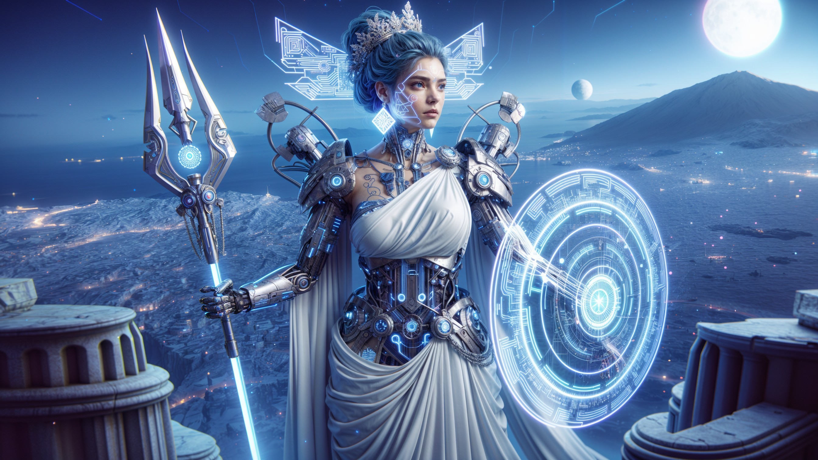 Futuristic warrior in cybernetic armor on rocky landscape
