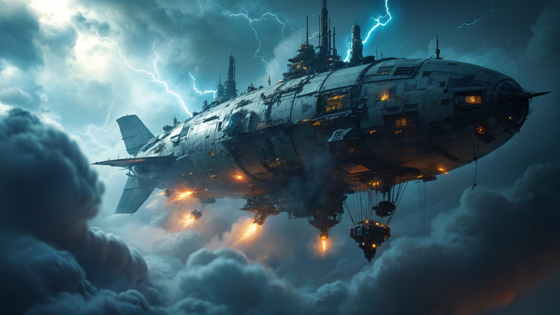 Colossal Airship Navigating Stormy Skies with Lightning