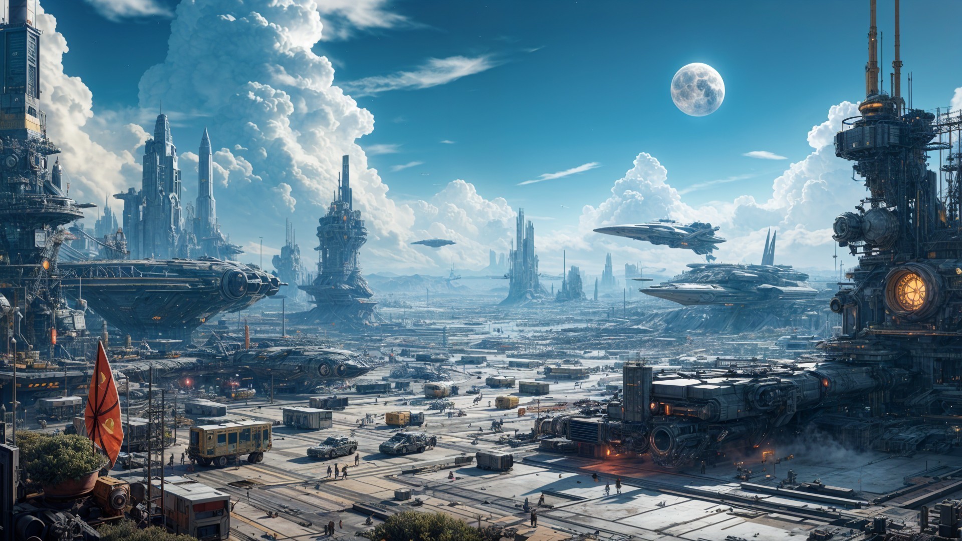 Futuristic Metropolis with Flying Vehicles and Moon