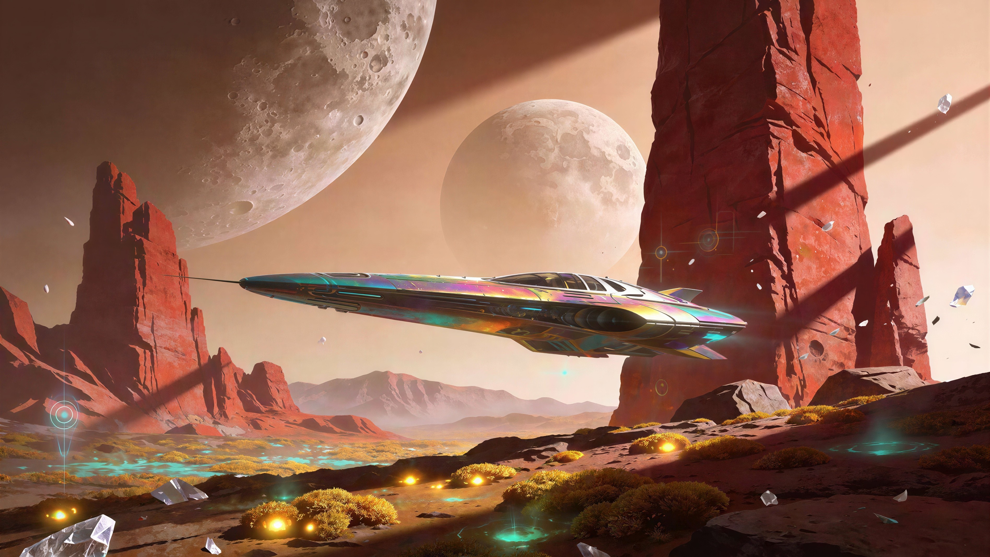 Futuristic Iridescent Spaceship on Alien Planet Landscape