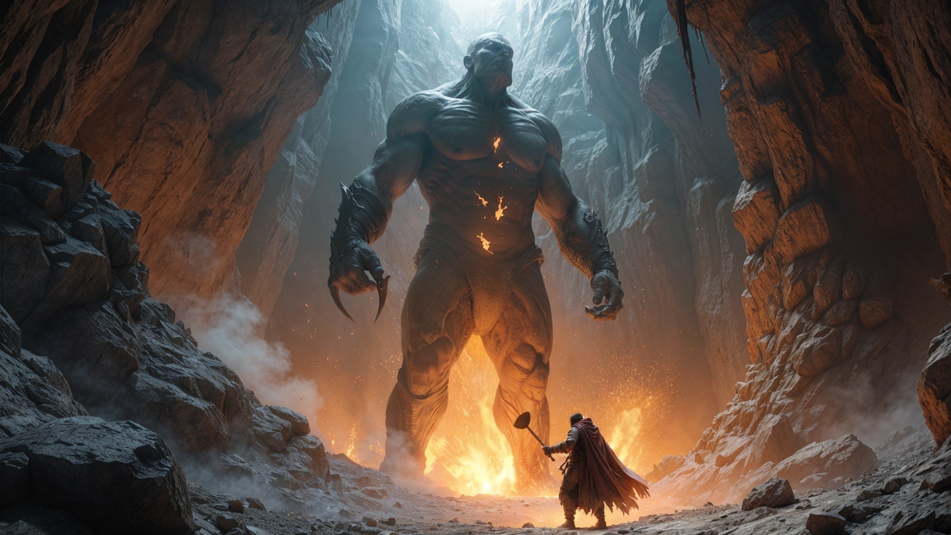 Colossal Humanoid Figure in Dramatic Cavern Scene