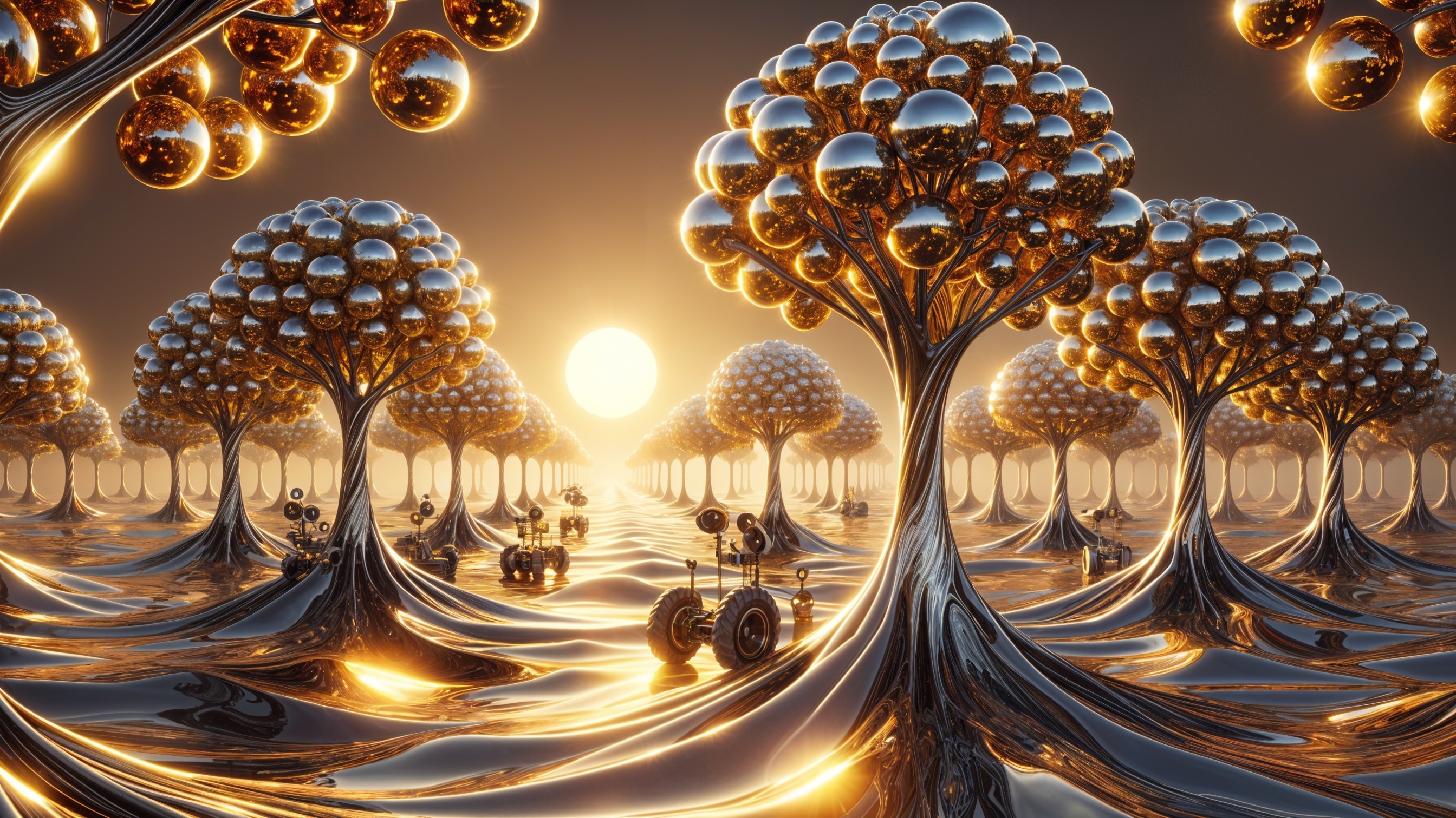 Surreal Landscape with Metallic Trees and Creatures