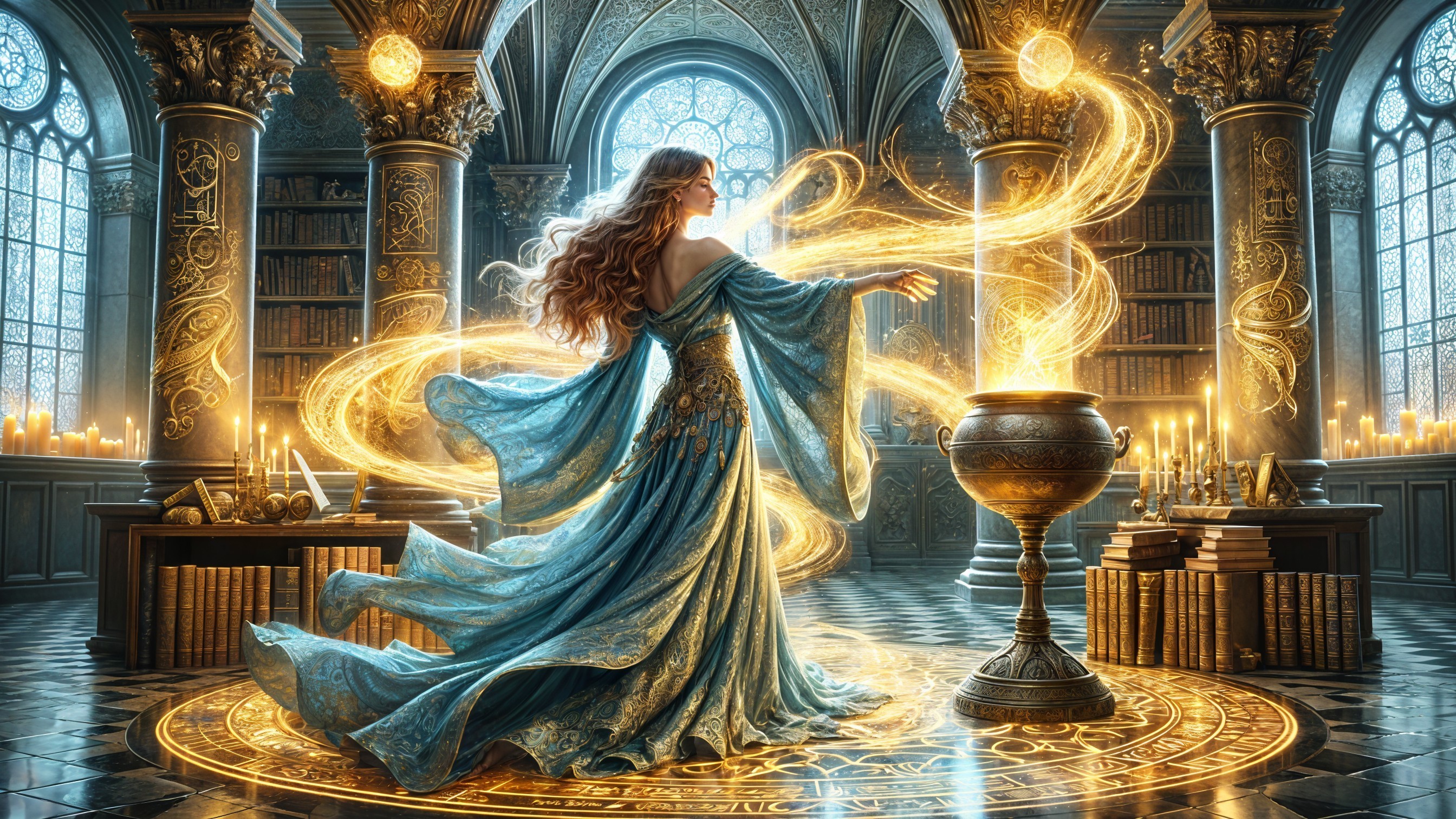 Sorceress in Blue Gown at Mystical Cauldron in Library