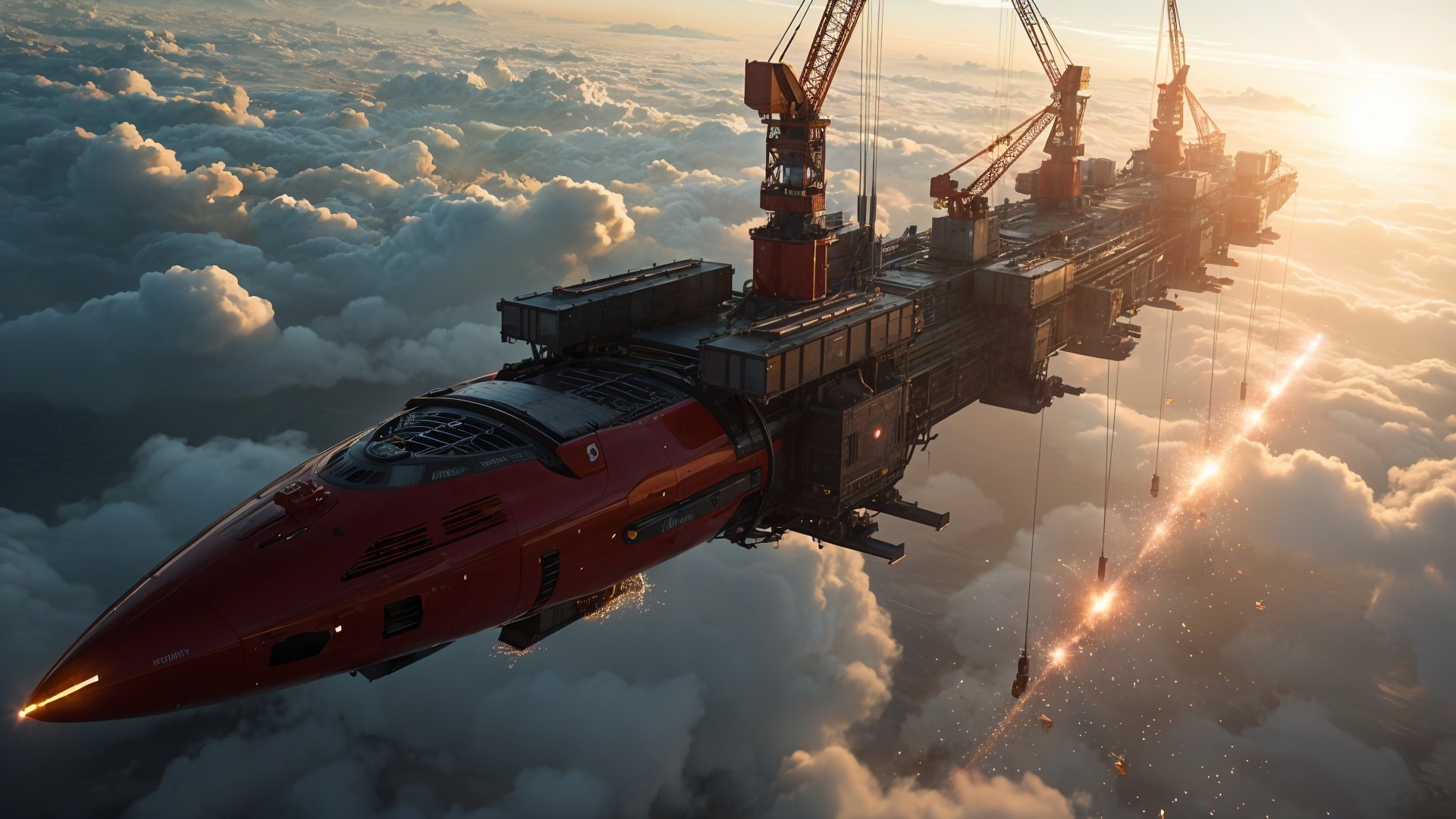 Futuristic Red Spaceship Above Cloudy Landscape
