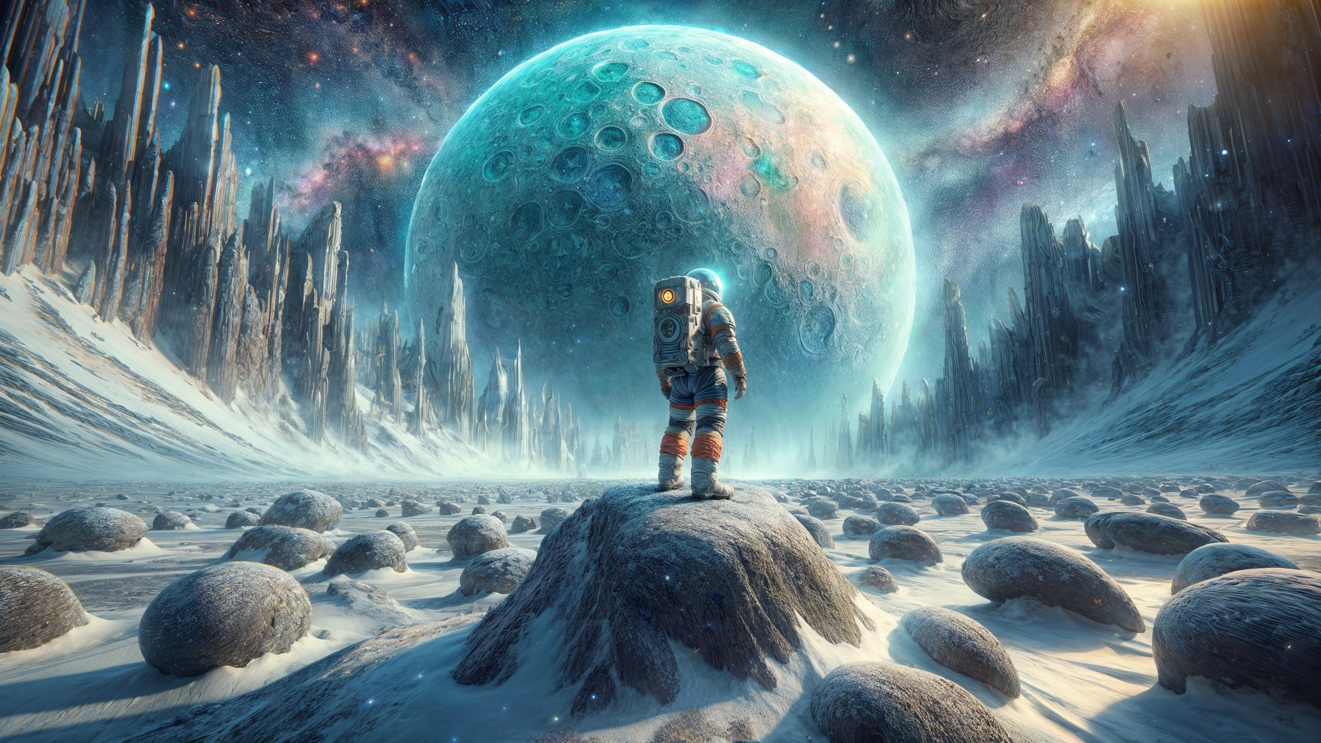 Astronaut on Rocky Surface with Colorful Moon and Crystals