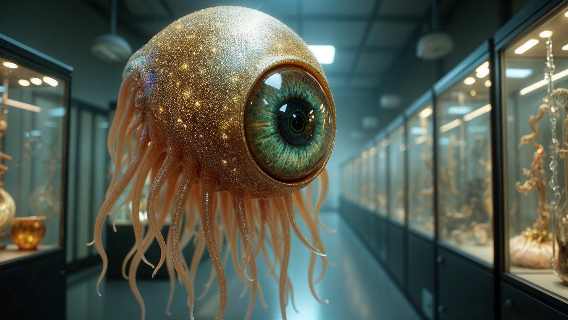 Giant Shimmering Eye Creature in Modern Art Gallery