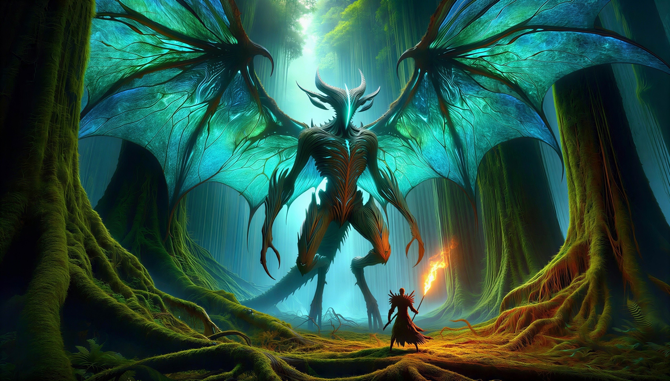 Colossal dragon in a luminescent forest setting