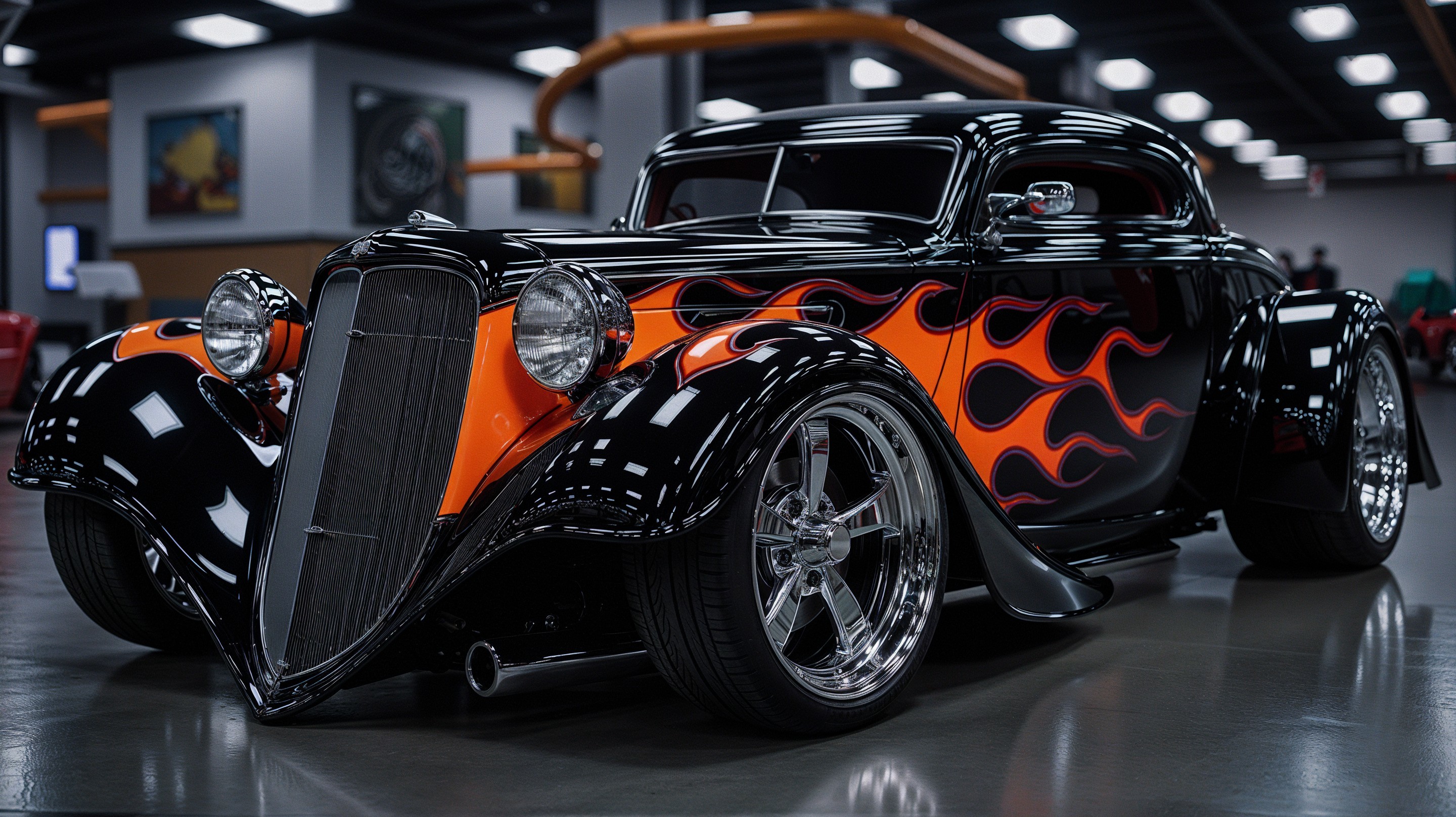 Vintage Car with Black Body and Orange Flames