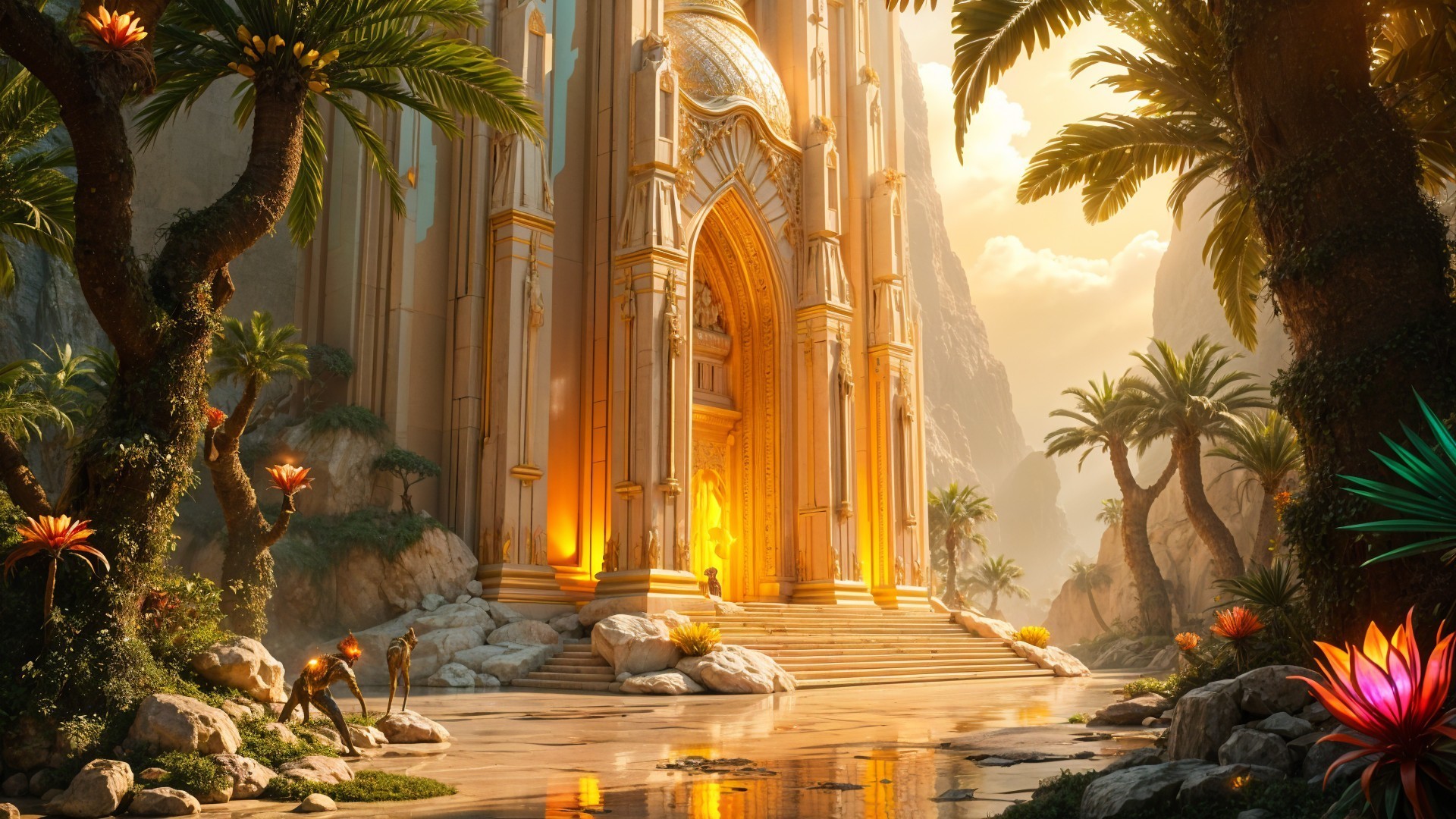 Golden Archway in Tropical Landscape with Figures