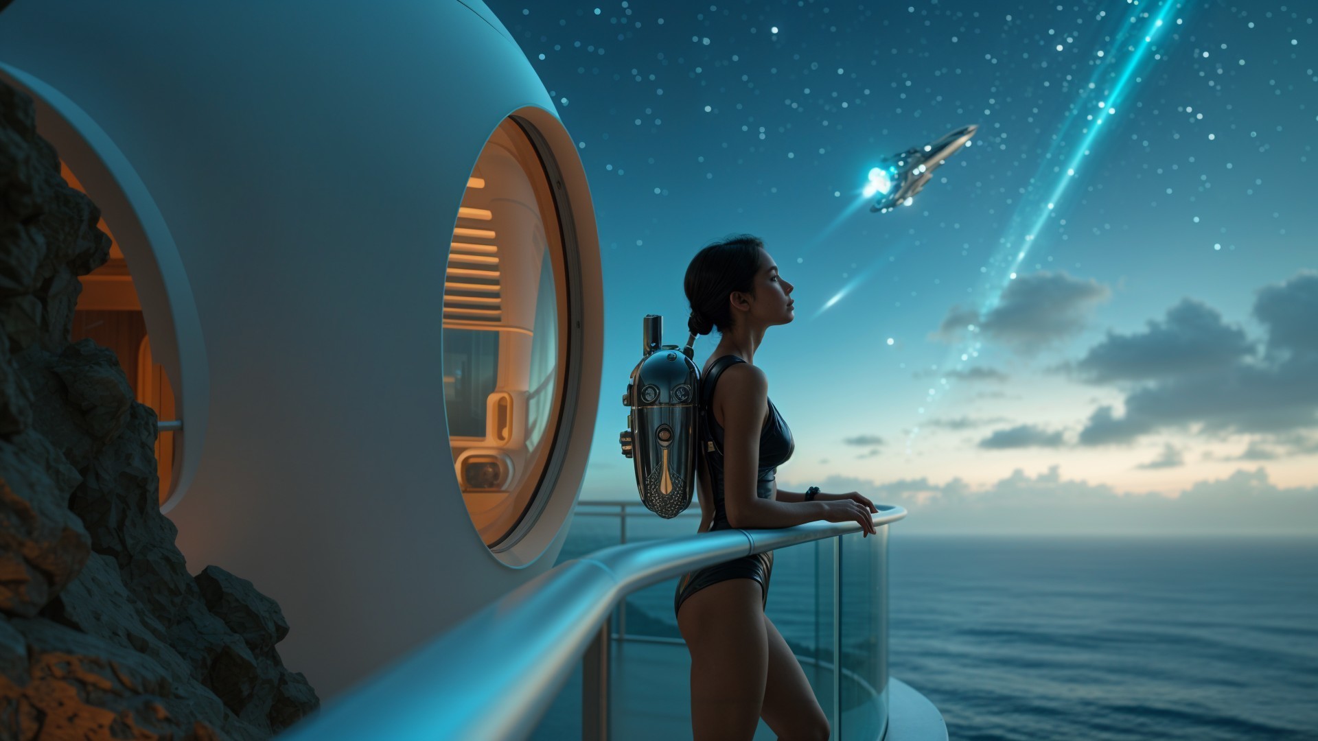 Futuristic Woman on Balcony with Jetpack and Ocean View