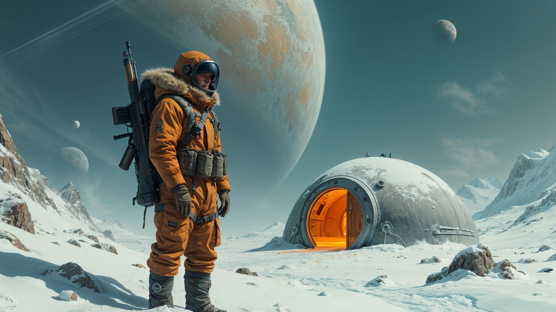 Astronaut in orange suit on snowy alien landscape