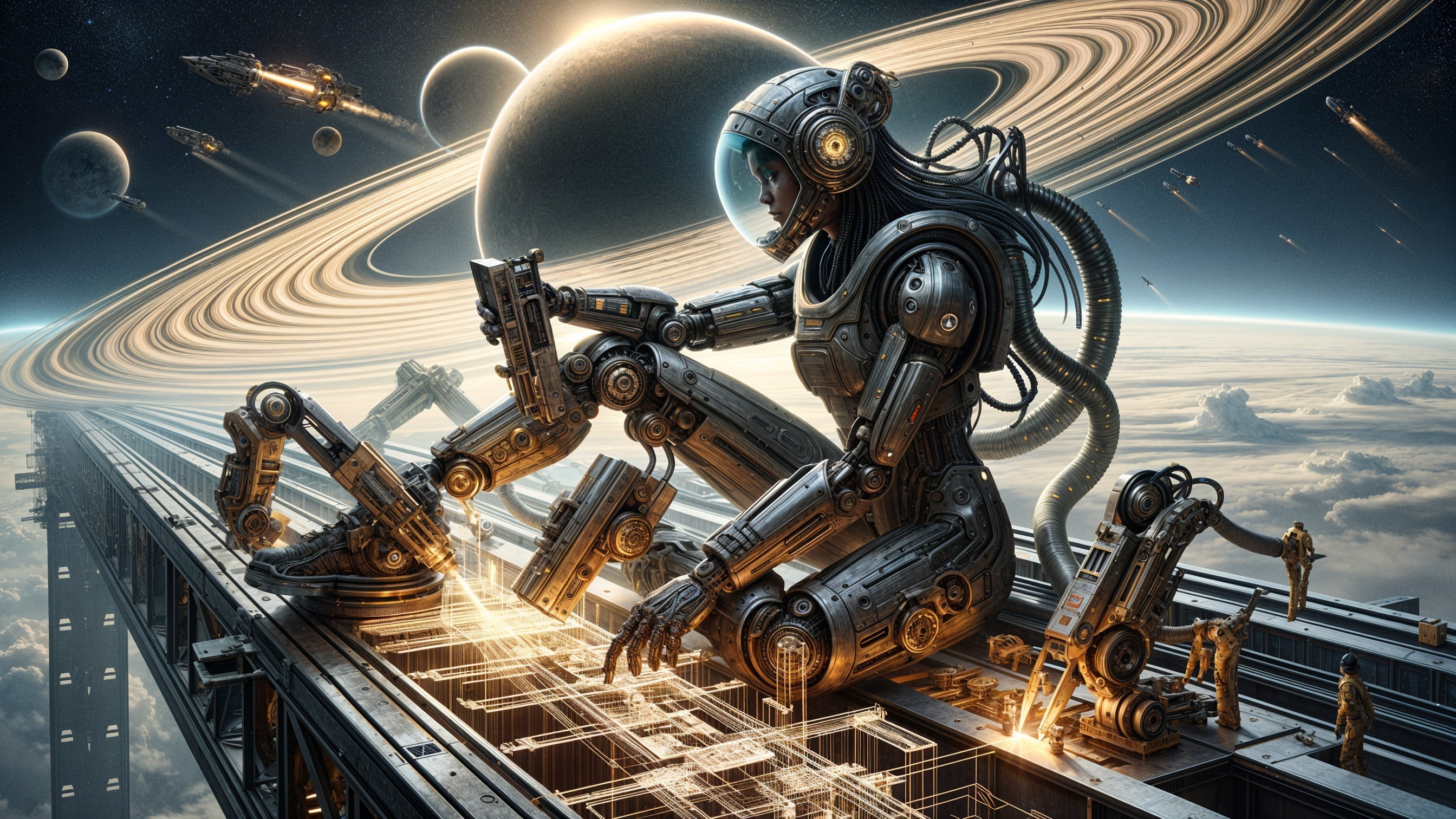Futuristic Robotic Figure on Space Station in Cosmic Scene