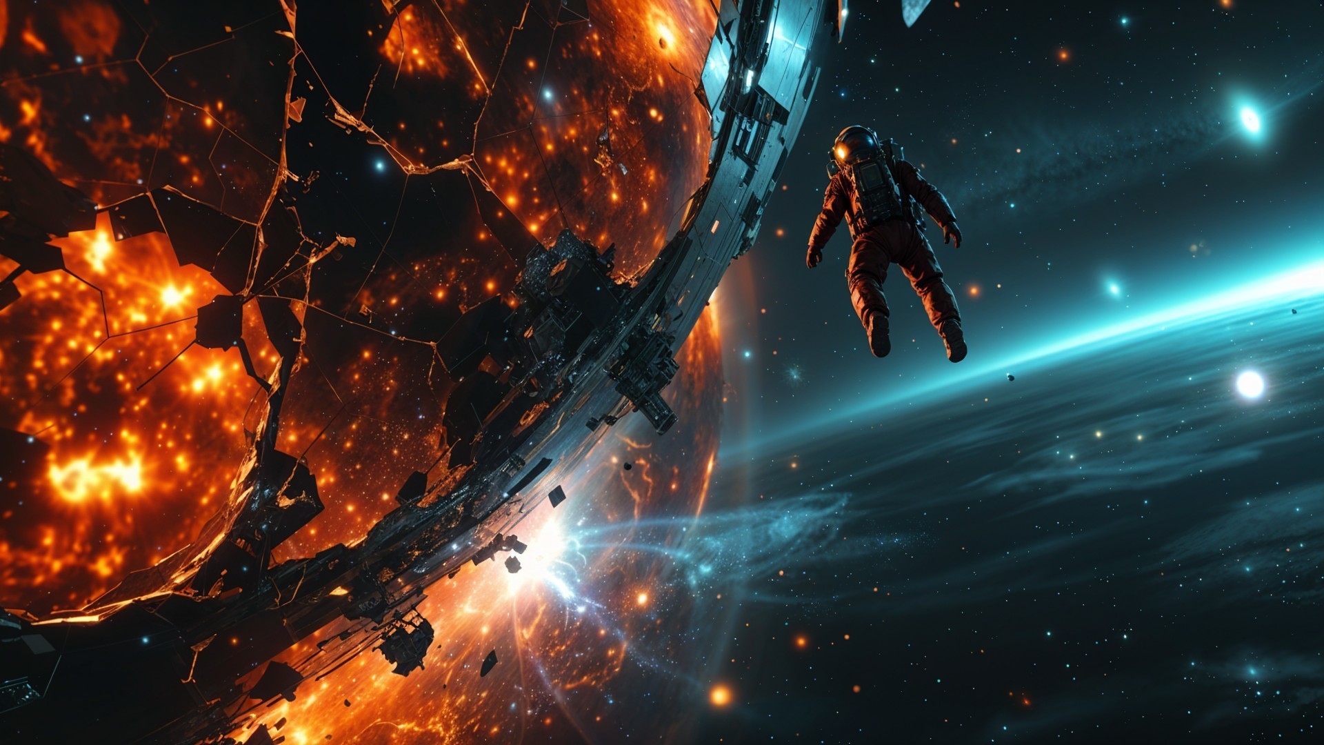 Astronaut in Space with Cracked Burning Planet Background