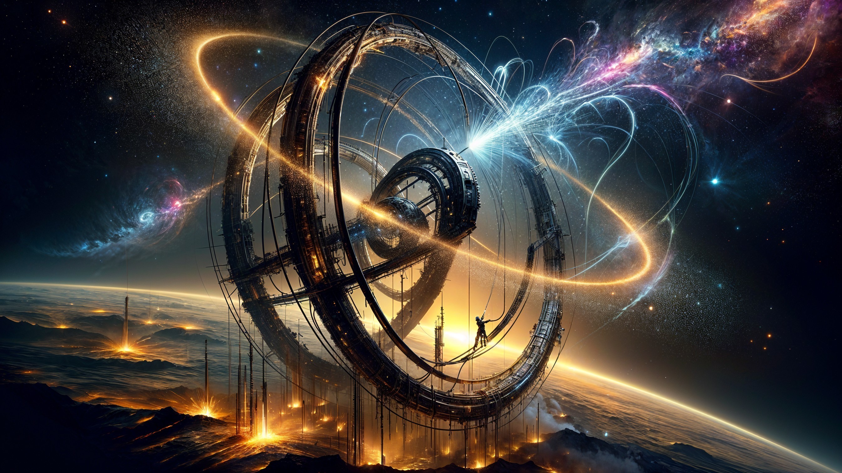 Futuristic Dyson Sphere in Cosmic Scene with Planetary Eruptions