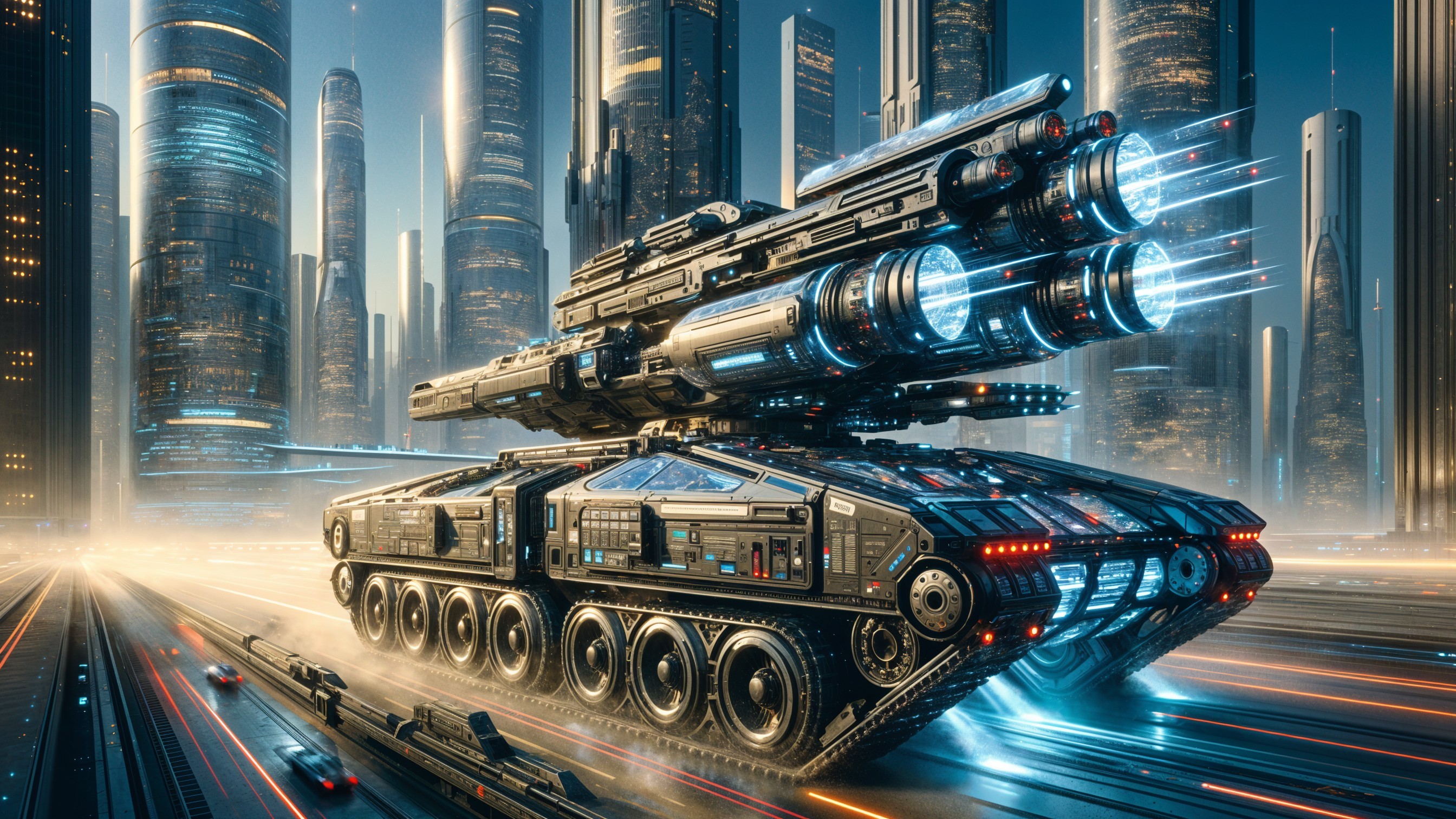 Futuristic Tank in High-Tech Cityscape Setting