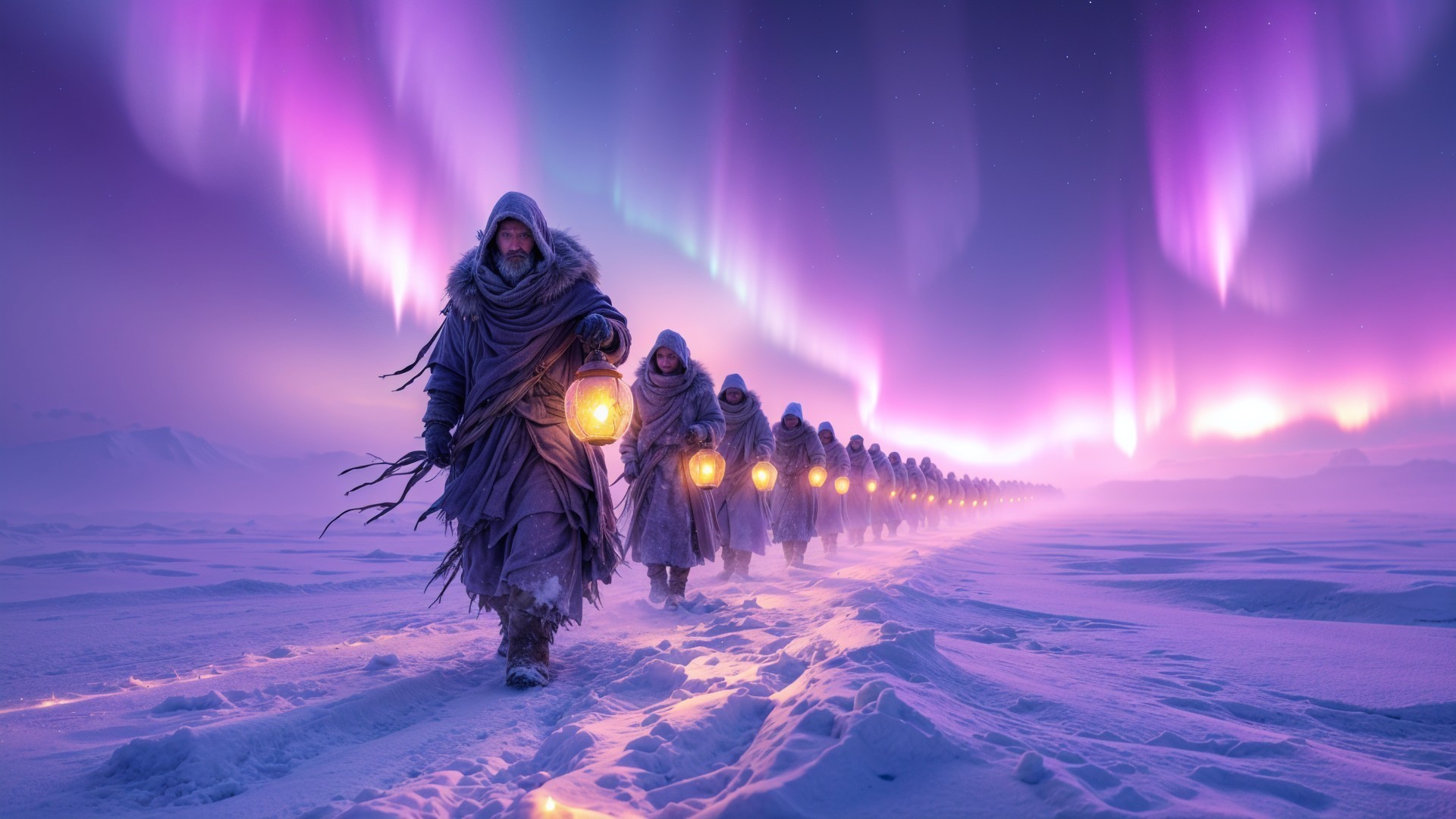 Cloaked Figures with Lanterns in Snowy Landscape