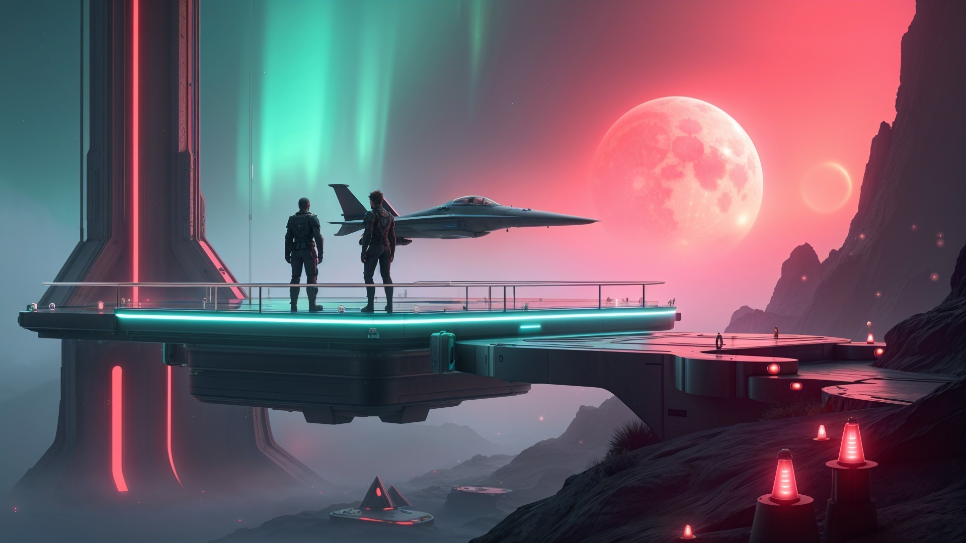 Futuristic Sci-Fi Landscape with Figures and Jet