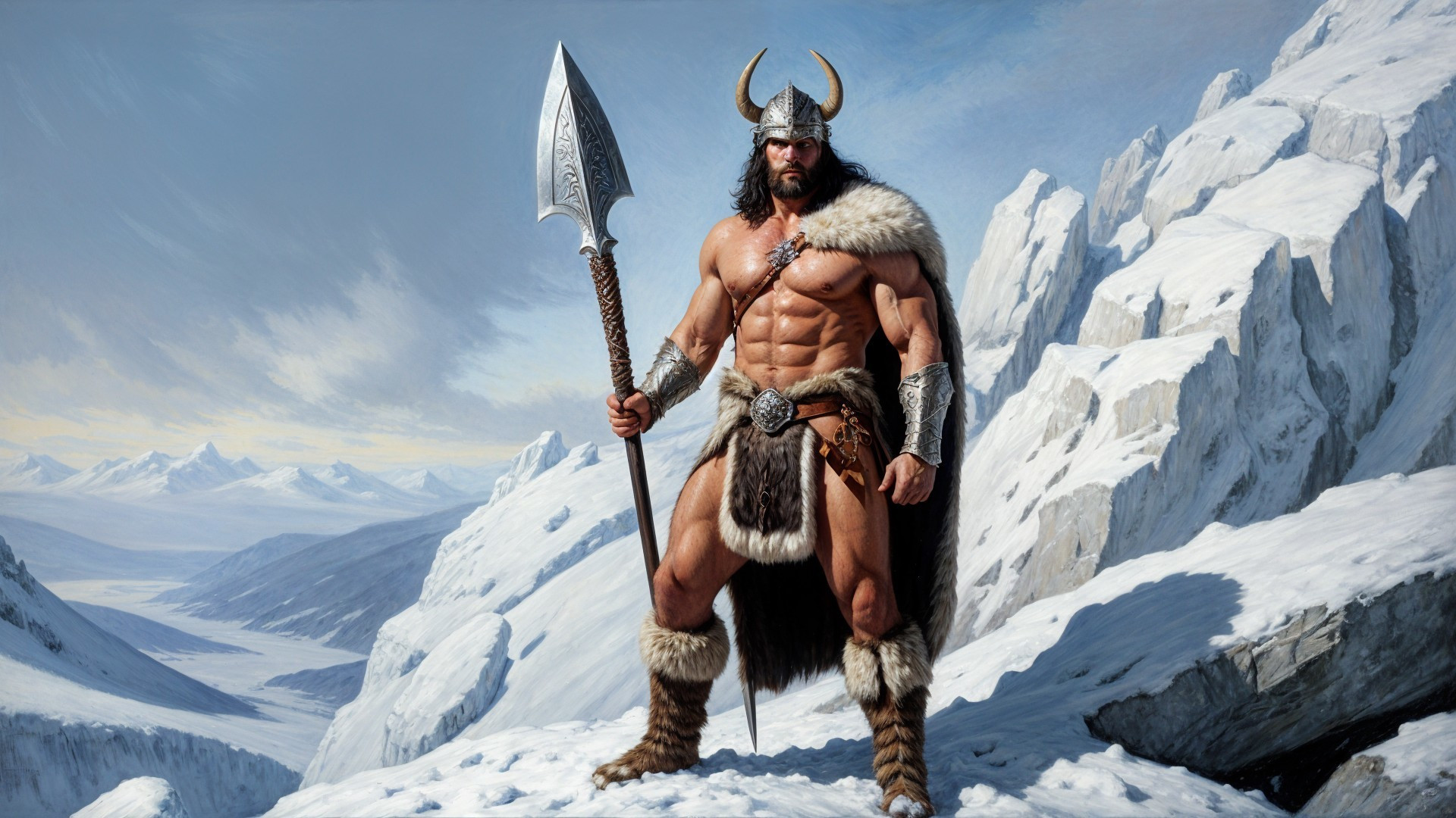 Muscular Viking Warrior on Snowy Mountain Landscape