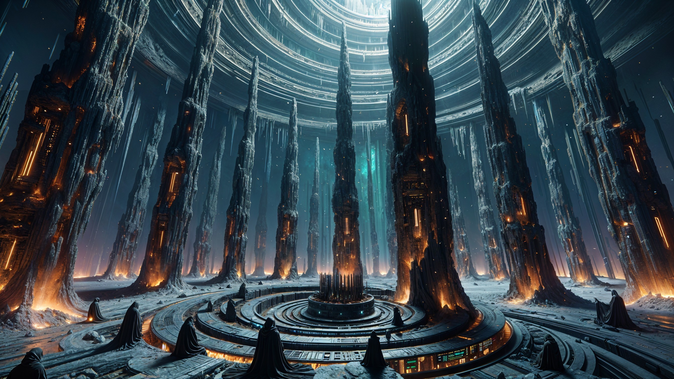 Futuristic cavern with crystalline structures and glowing lights