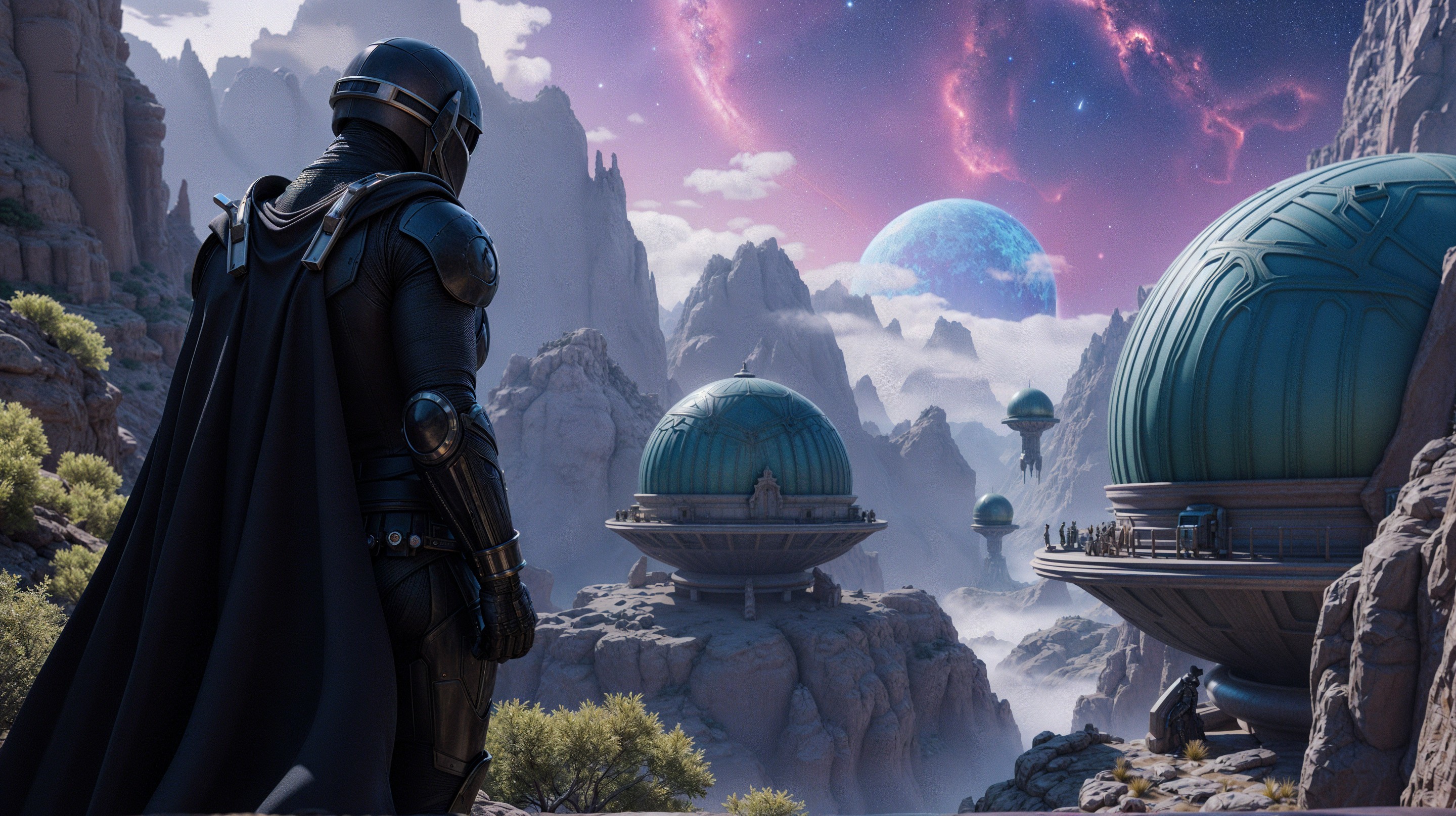 Cloaked Figure Overlooking Futuristic Landscape and Nebulas