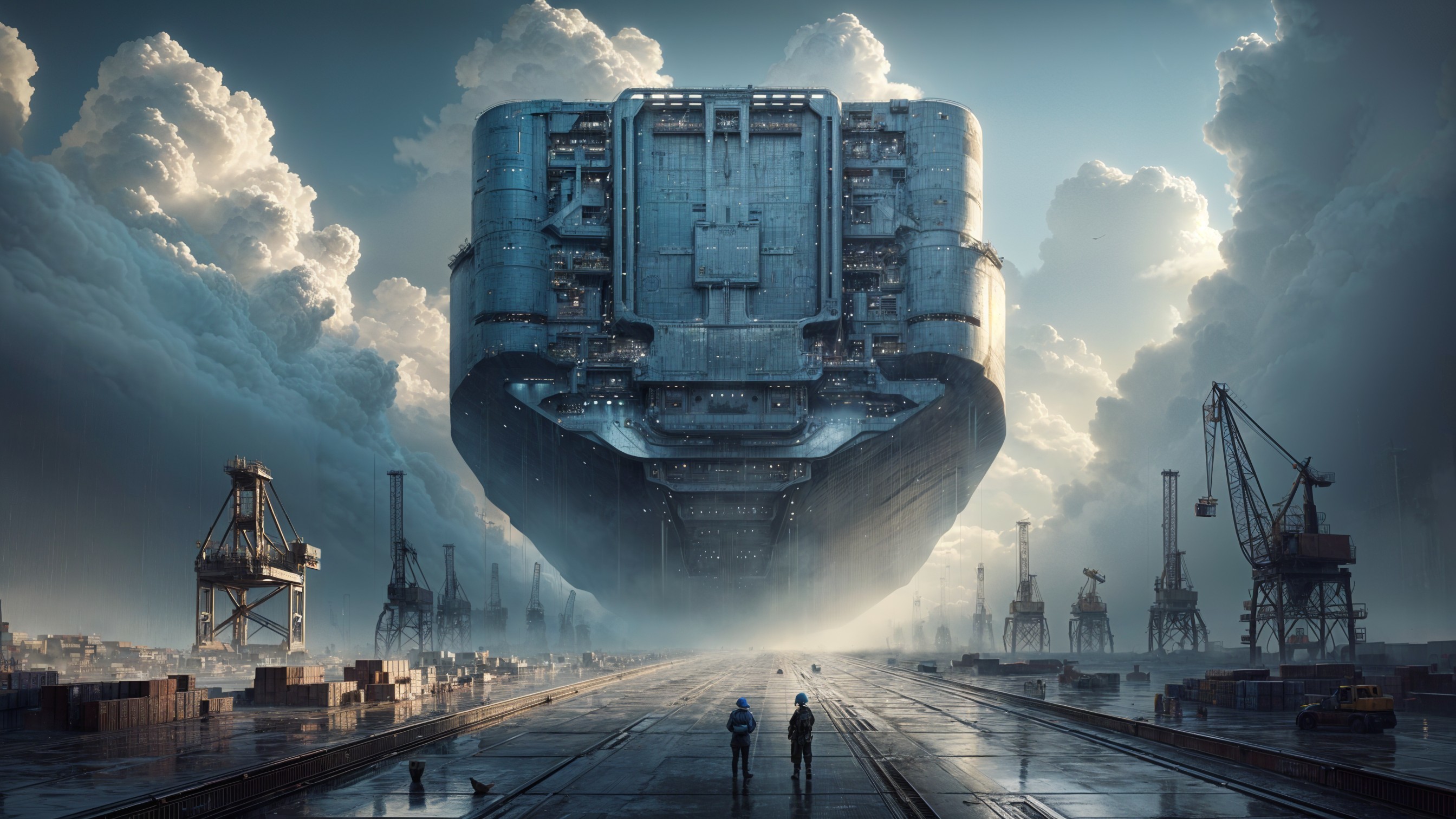 Monolithic Spaceship Over Deserted Industrial Port