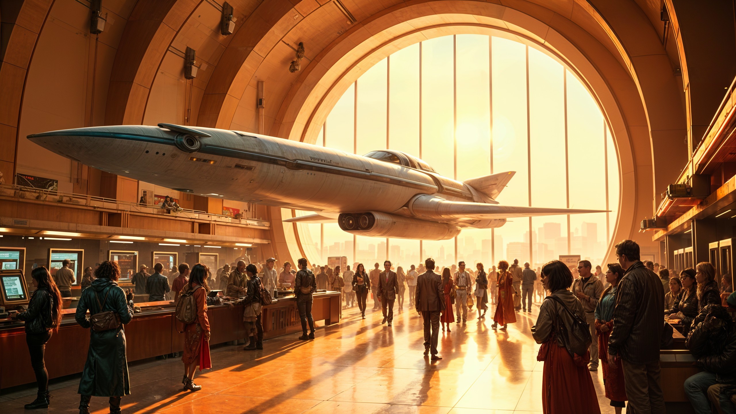 Futuristic terminal with spacecraft and diverse travelers