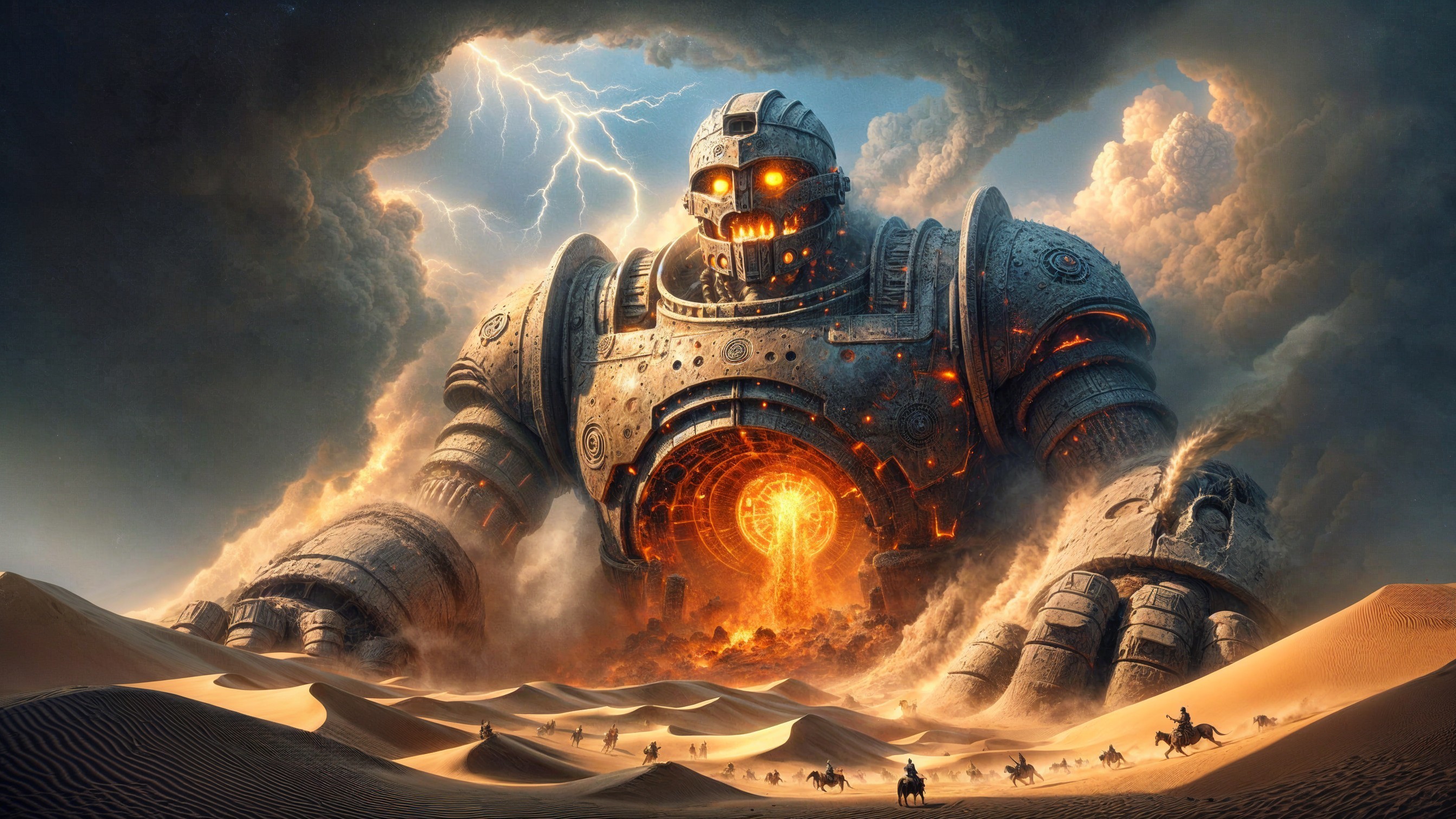 Colossal Robot in Desert with Stormy Skies and Figures