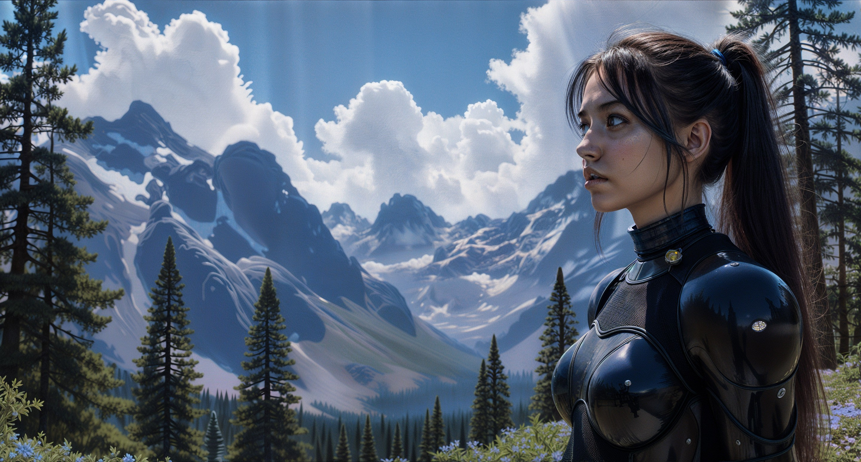 Young woman in reflective suit in mountainous landscape