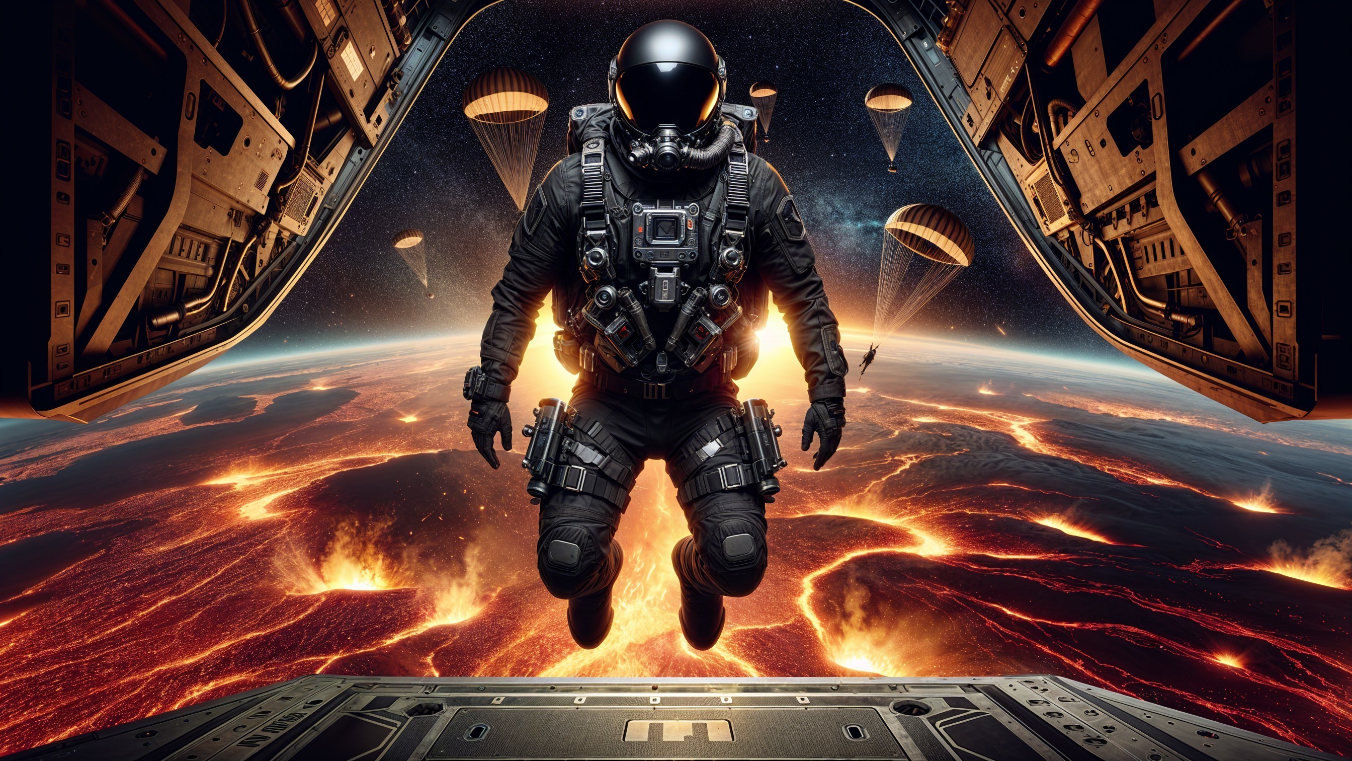 Astronaut in High-Tech Suit Over Molten Landscape