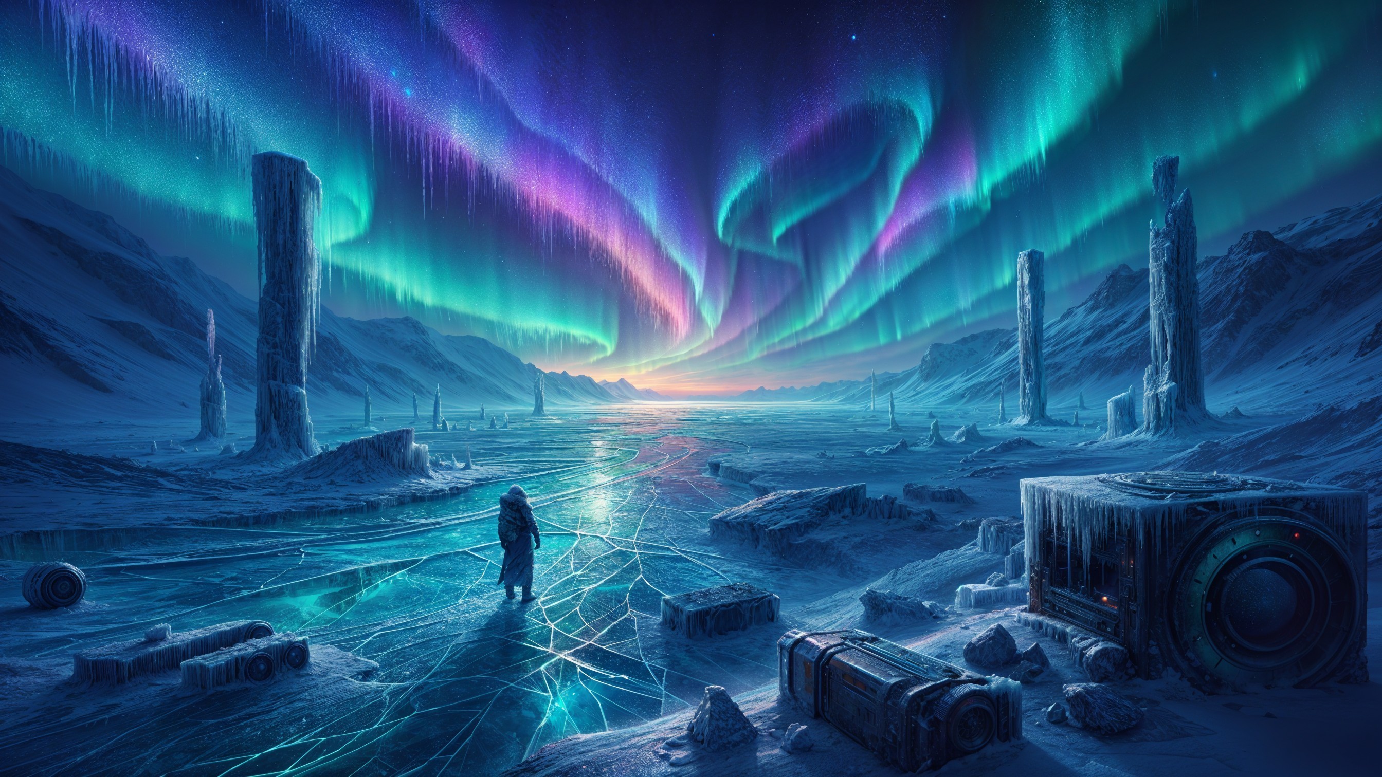 Frozen Landscape with Vibrant Auroras and Ice Formations