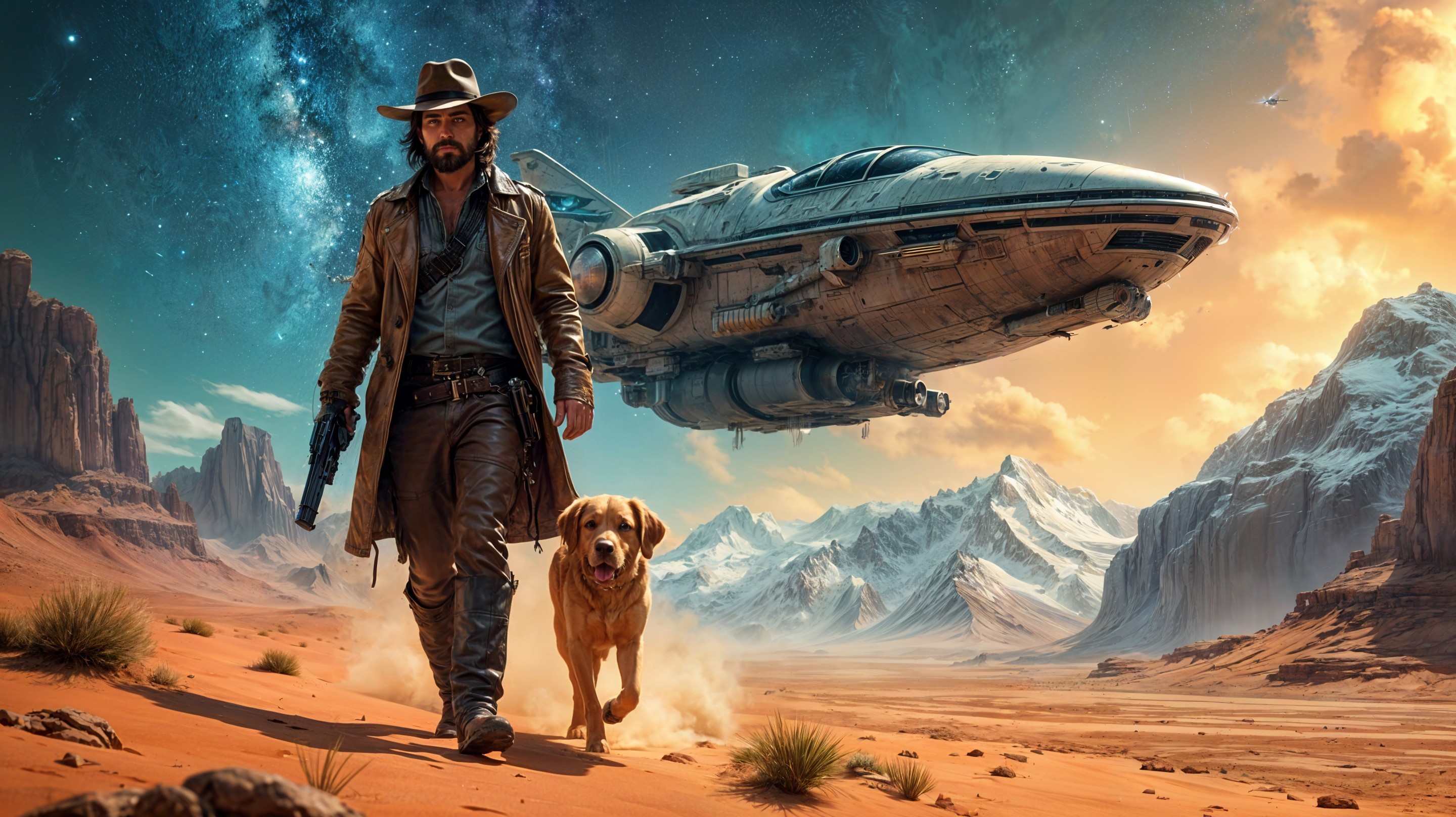 Rugged Traveler and Dog in Desert with Spaceship