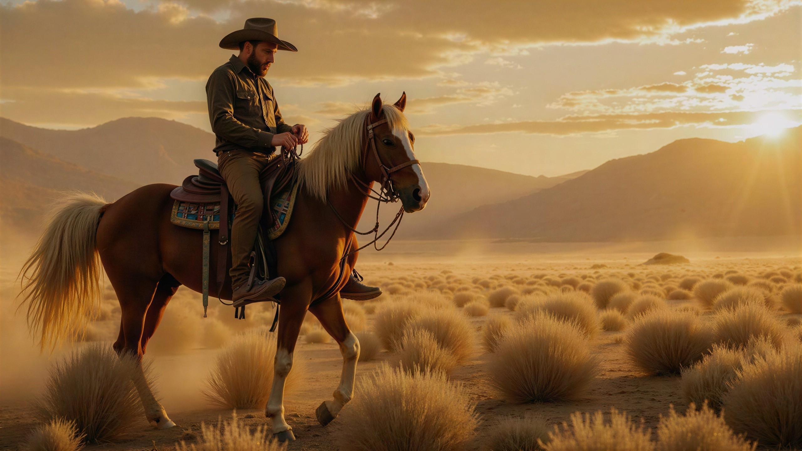 Cowboy on Horseback in Desert at Sunrise
