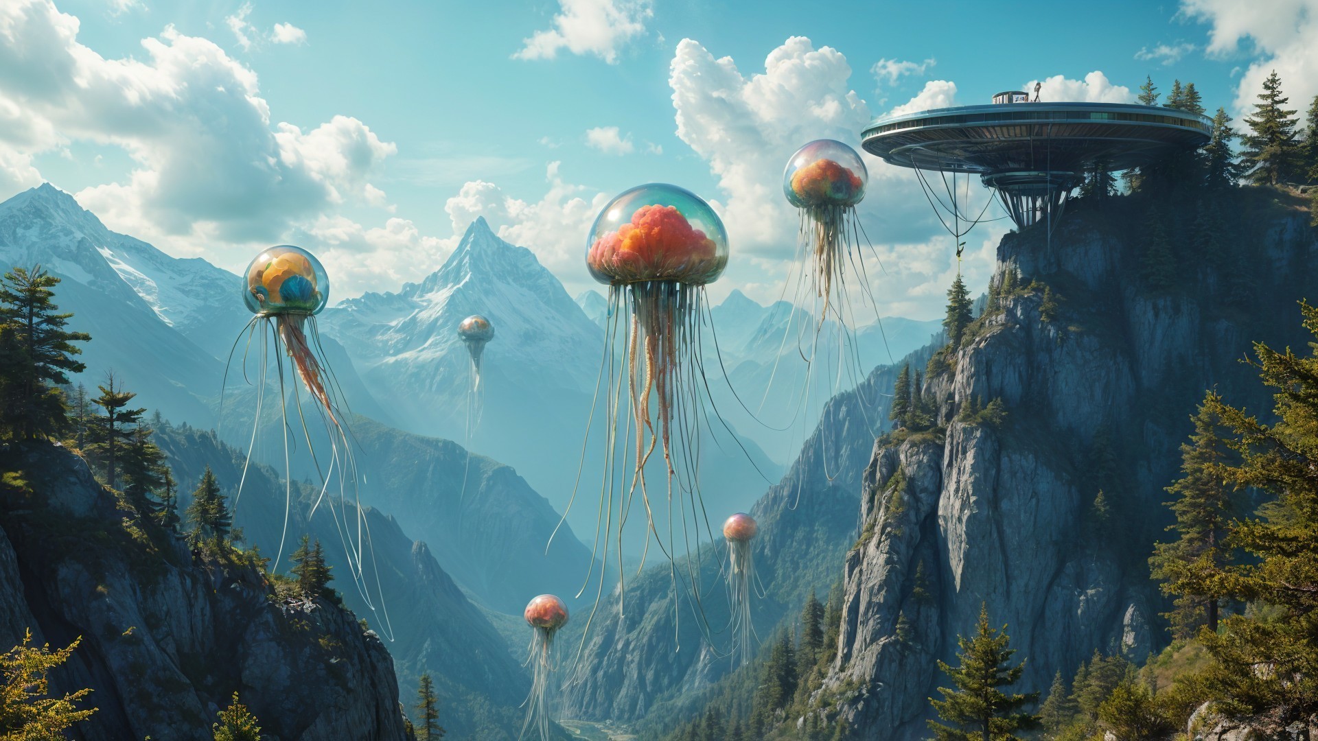Surreal Landscape with Jellyfish Creatures and UFO