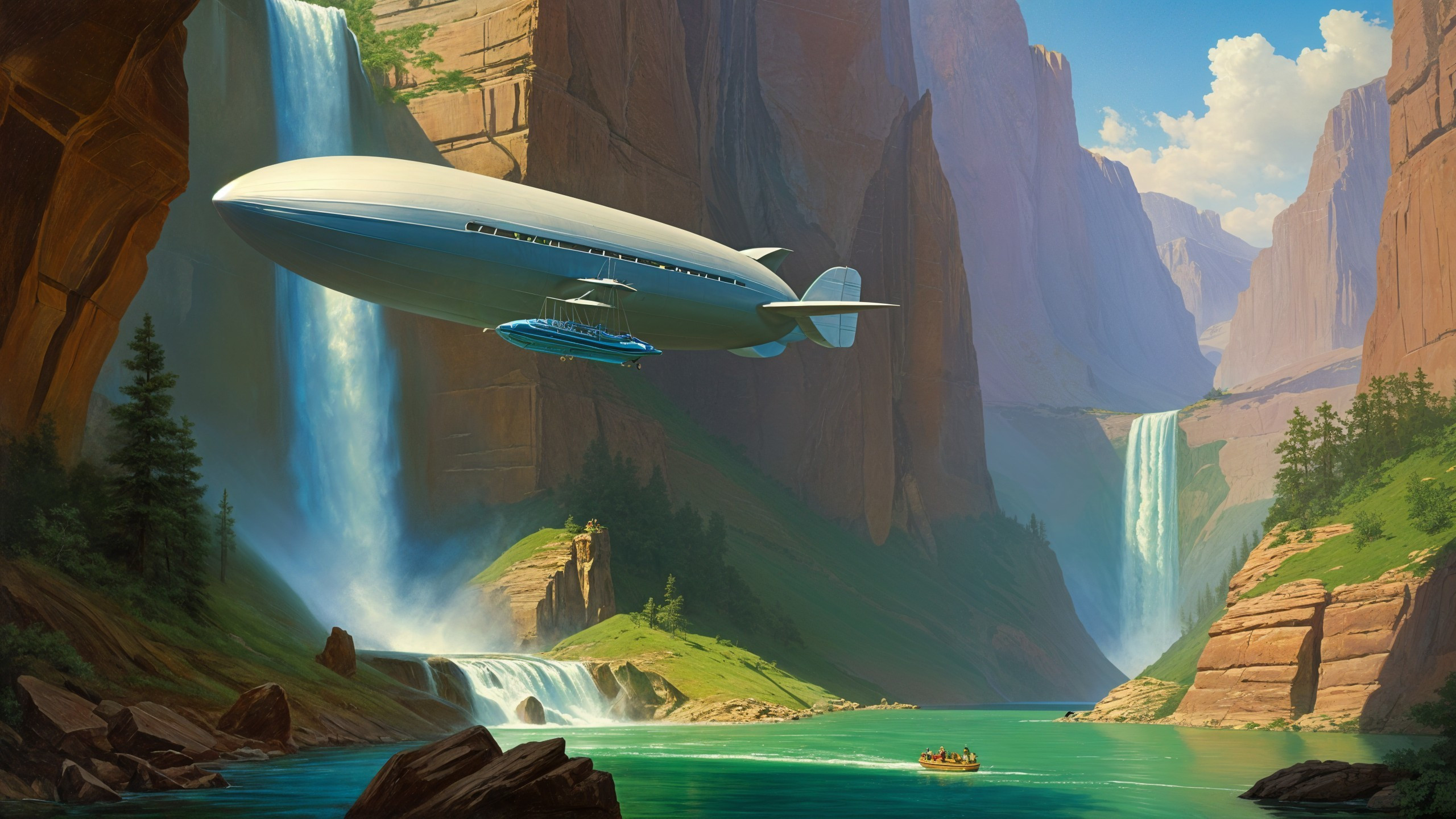 Serene Landscape with Cliffs, Waterfalls, and Zeppelin