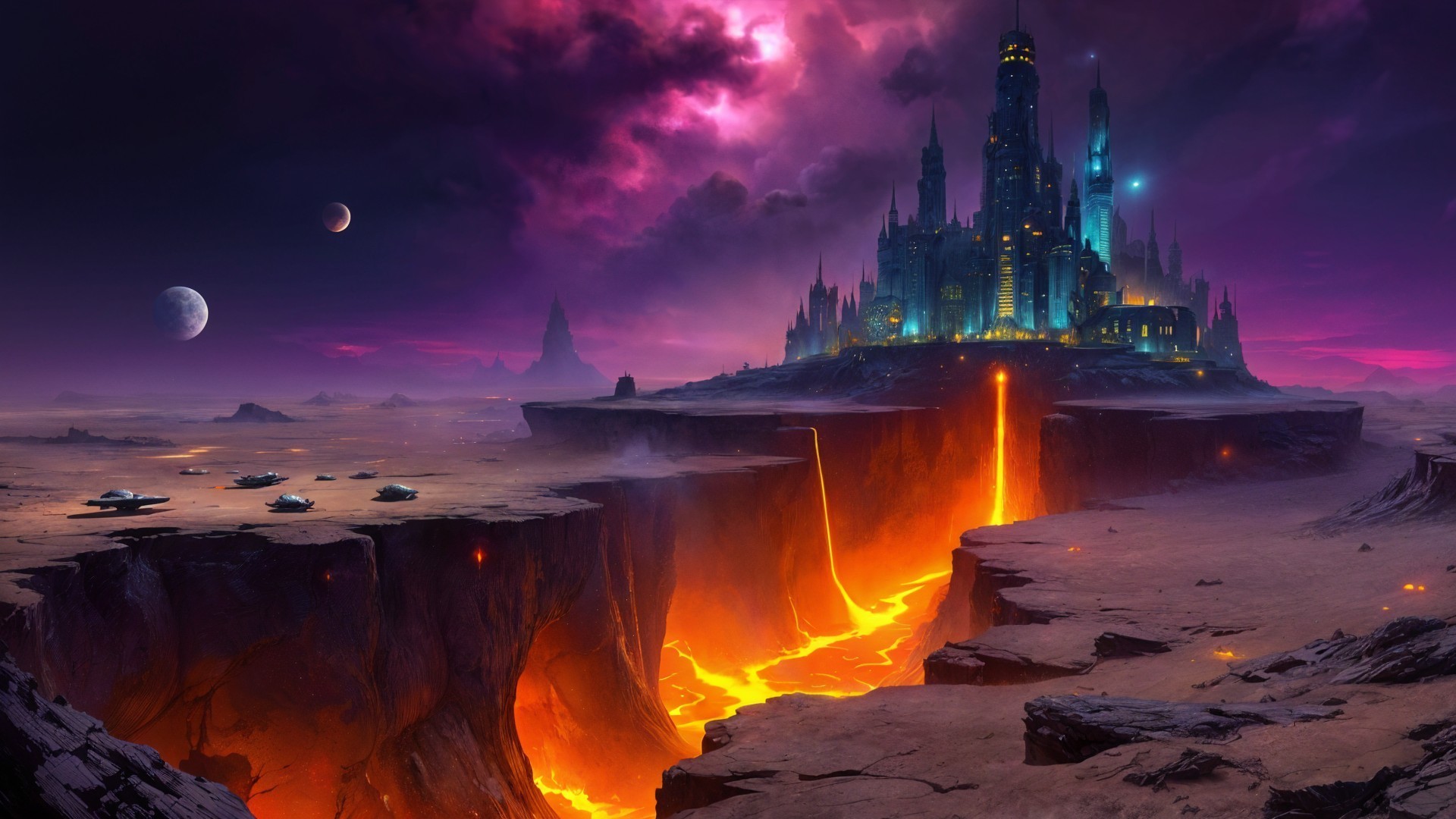 Dramatic Landscape with Fiery Chasm and Futuristic Castle