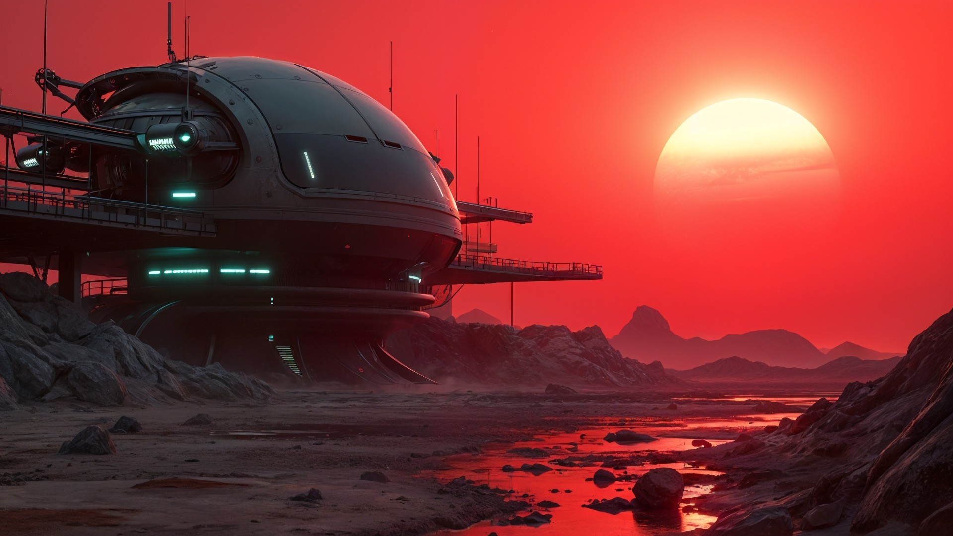 Futuristic spaceship on rocky landscape under red sky