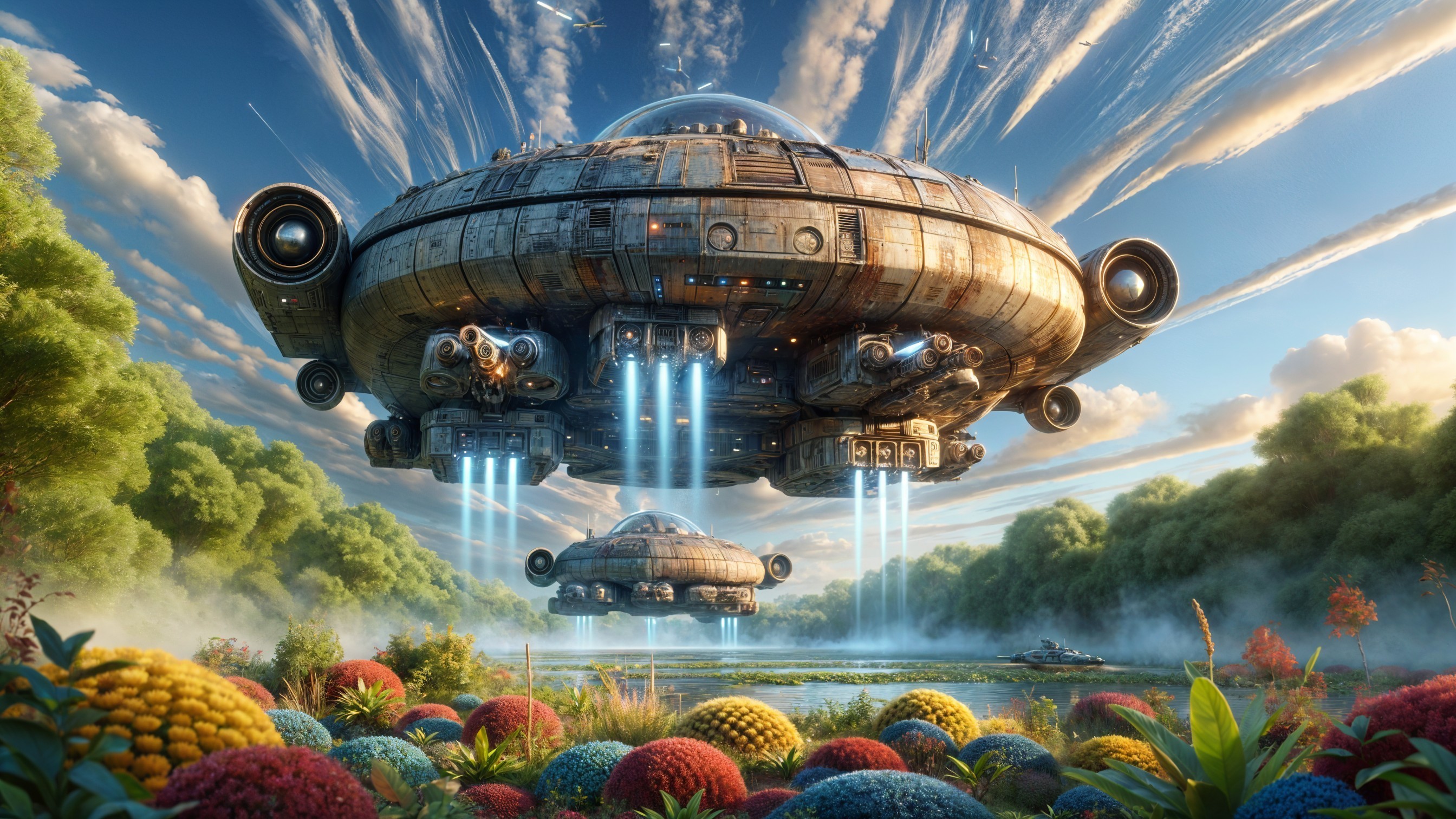 Futuristic Spacecraft Over Serene Colorful Landscape