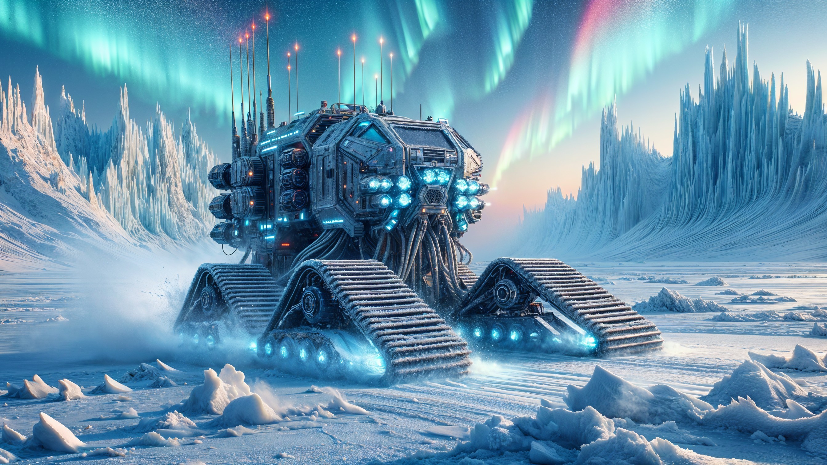 Futuristic Ice Vehicle in Snowy Aurora Landscape