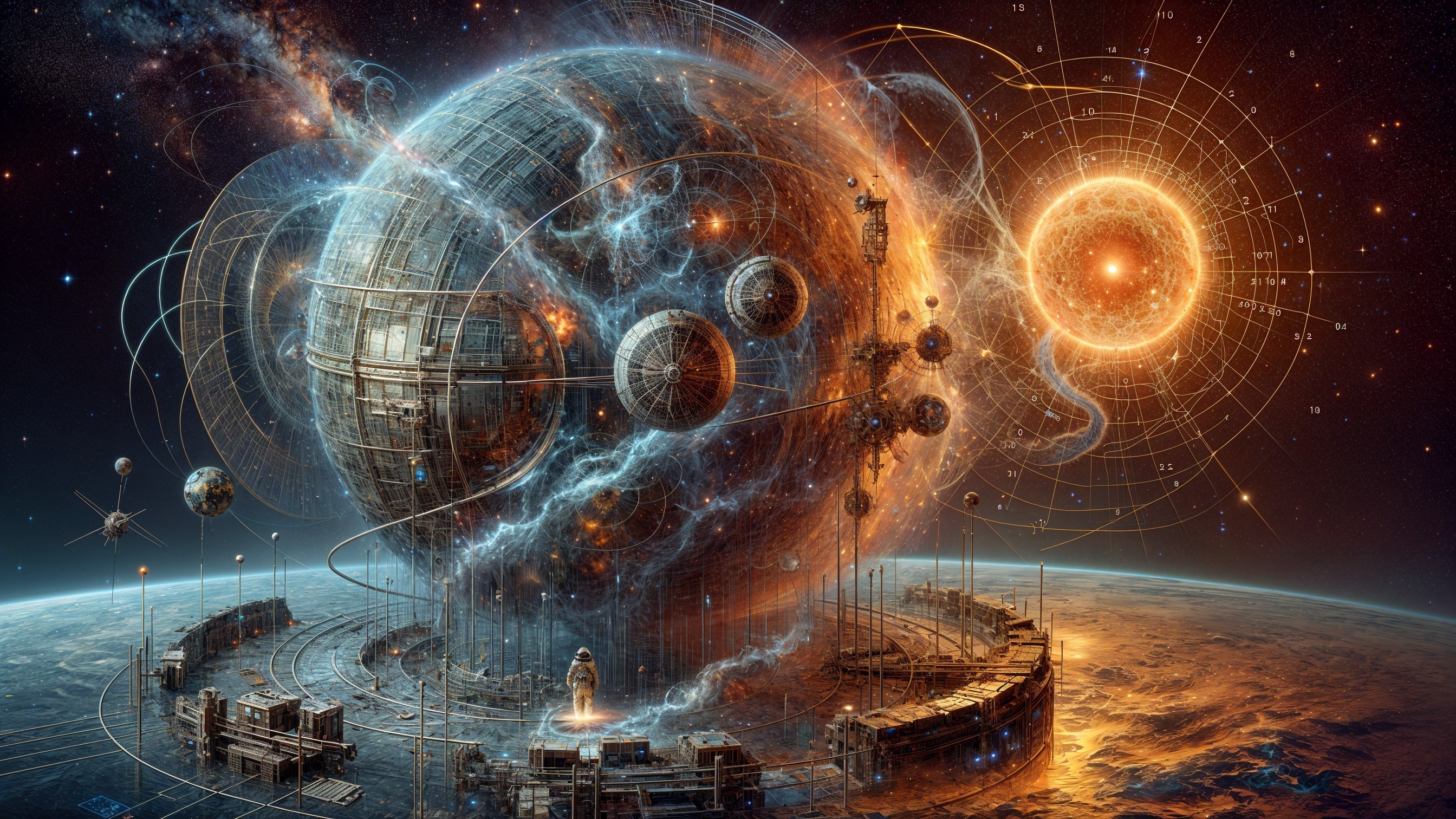 Futuristic Planet with Intricate Structures and Gas Clouds