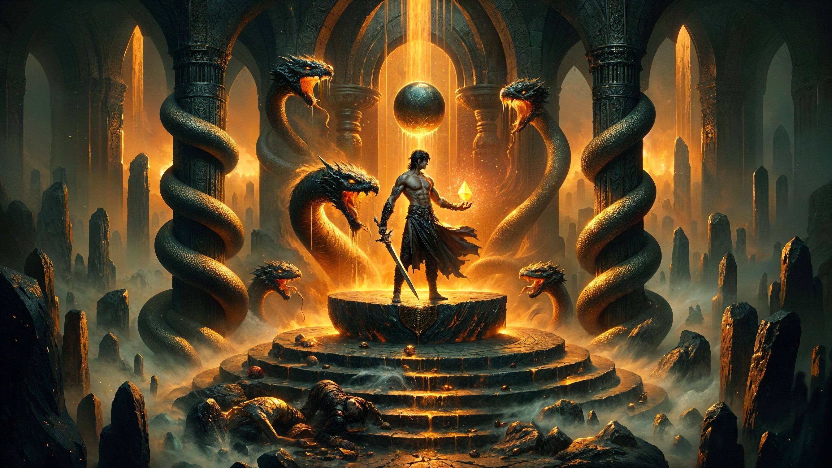 Warrior with Sword in Mystical Underground Chamber