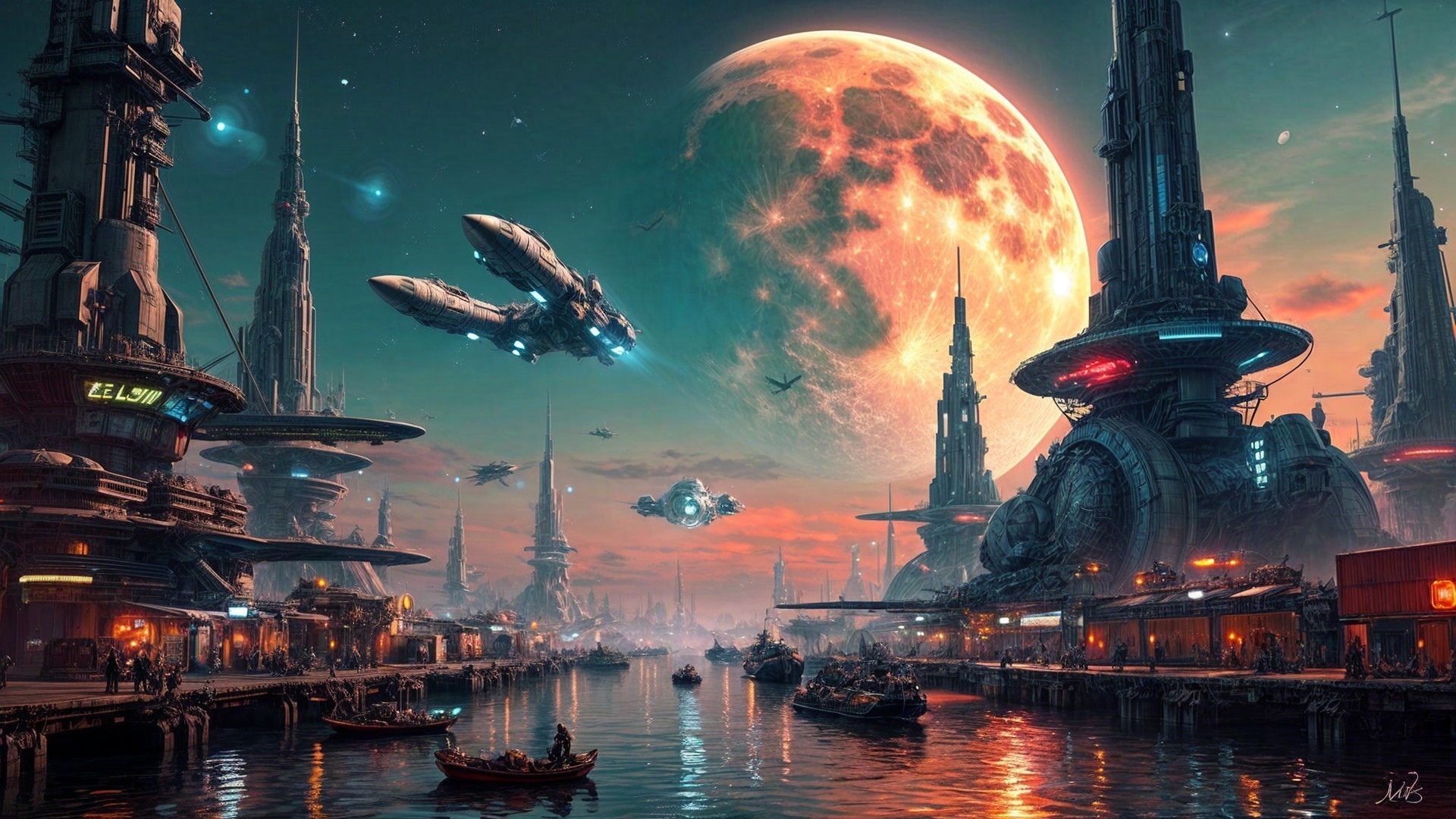 Futuristic Cityscape at Twilight with Serene Waterway