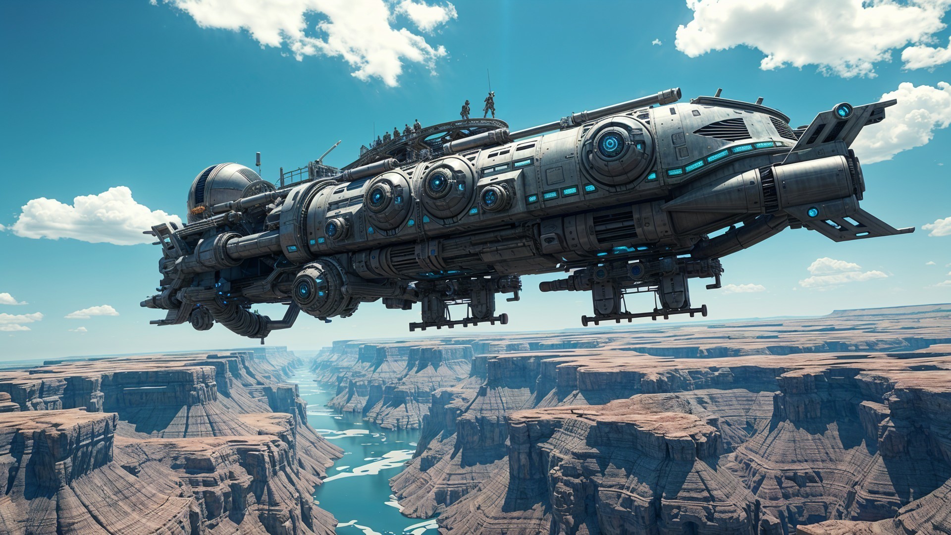 Futuristic Spaceship Over Canyon with River Below