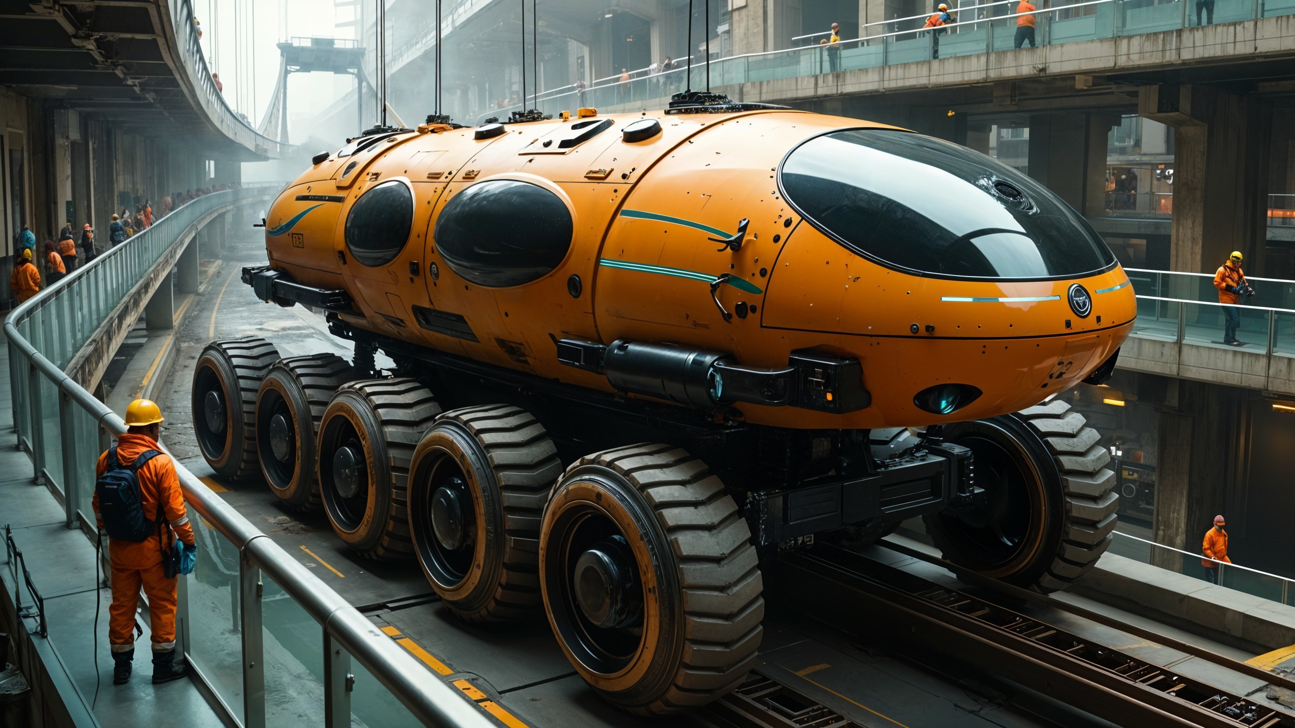 Futuristic Orange Exploration Vehicle in Industrial Facility