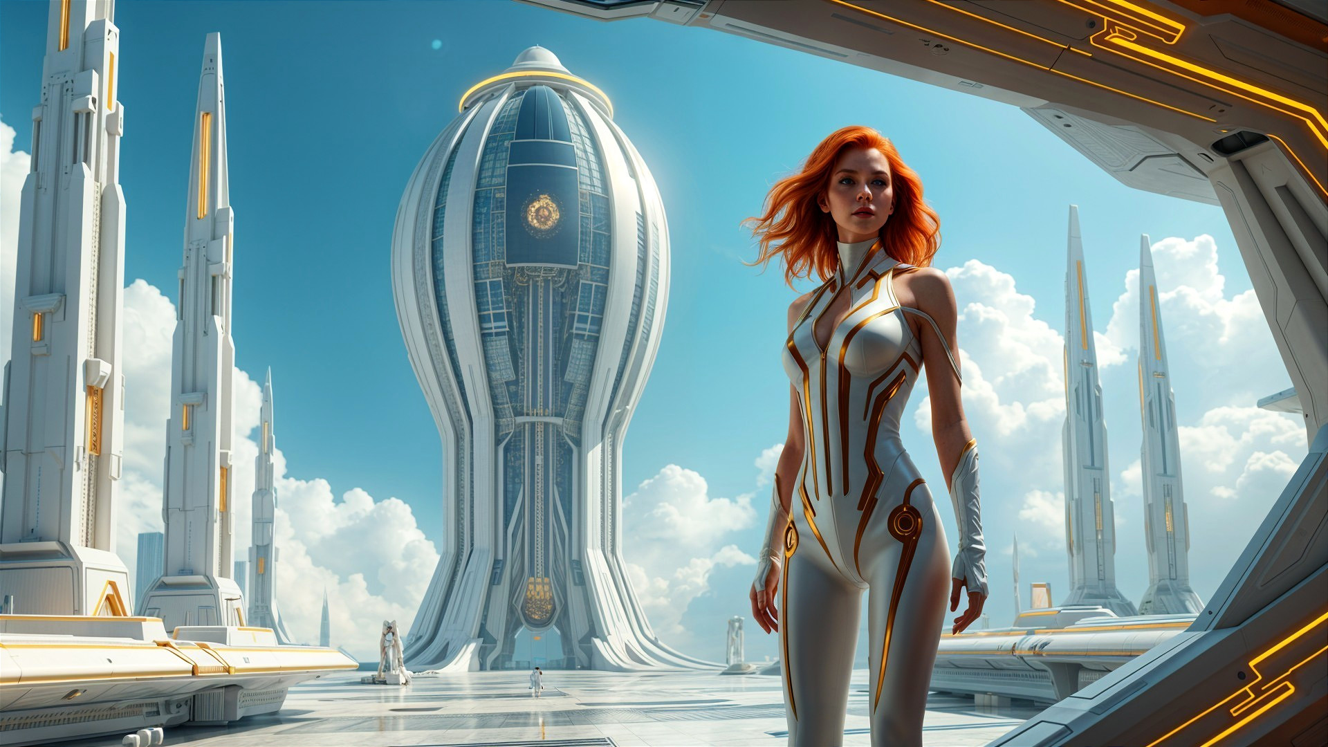 Futuristic Woman in White Suit Against Advanced Structure