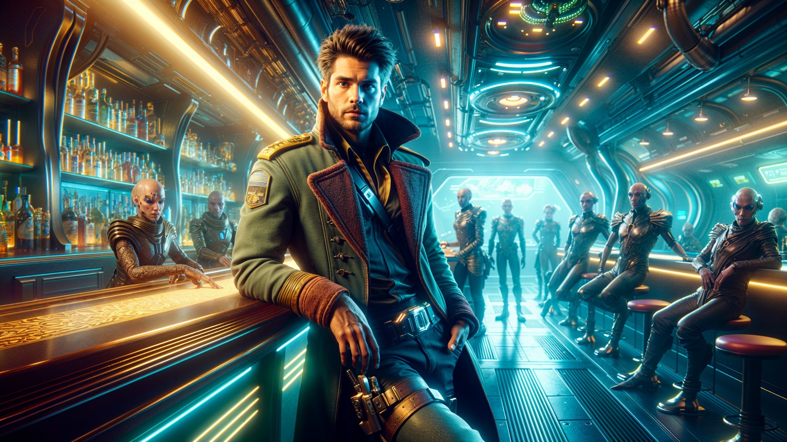 Futuristic Bar Scene with Alien Patrons and Neon Lights